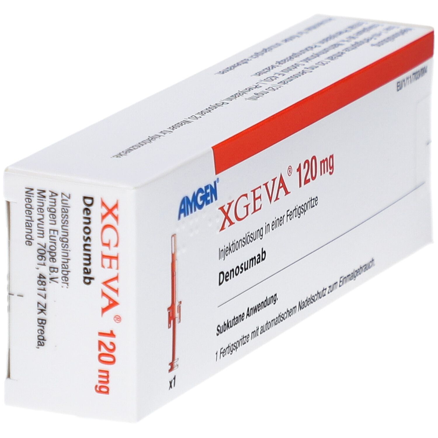 Schachtel mit roter Schrift. Aufschrift: XGEVA 120 mg. Injektionslösung in Fertigspritze. Amgen. Schrägansicht.
