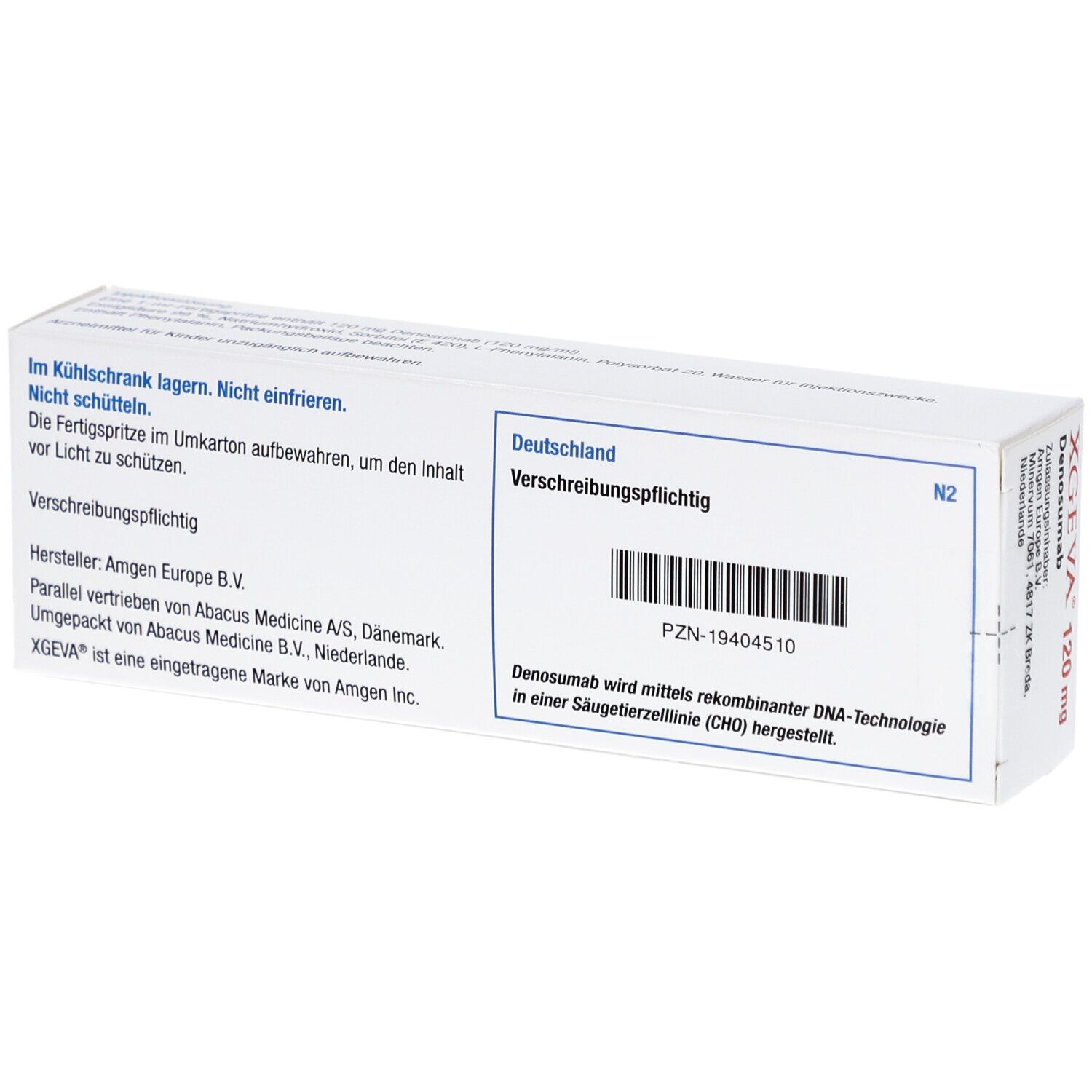 Rückseite der Schachtel. Text: Verschreibungspflichtig. PZN-19404510. Hersteller: Amgen Europe B.V.