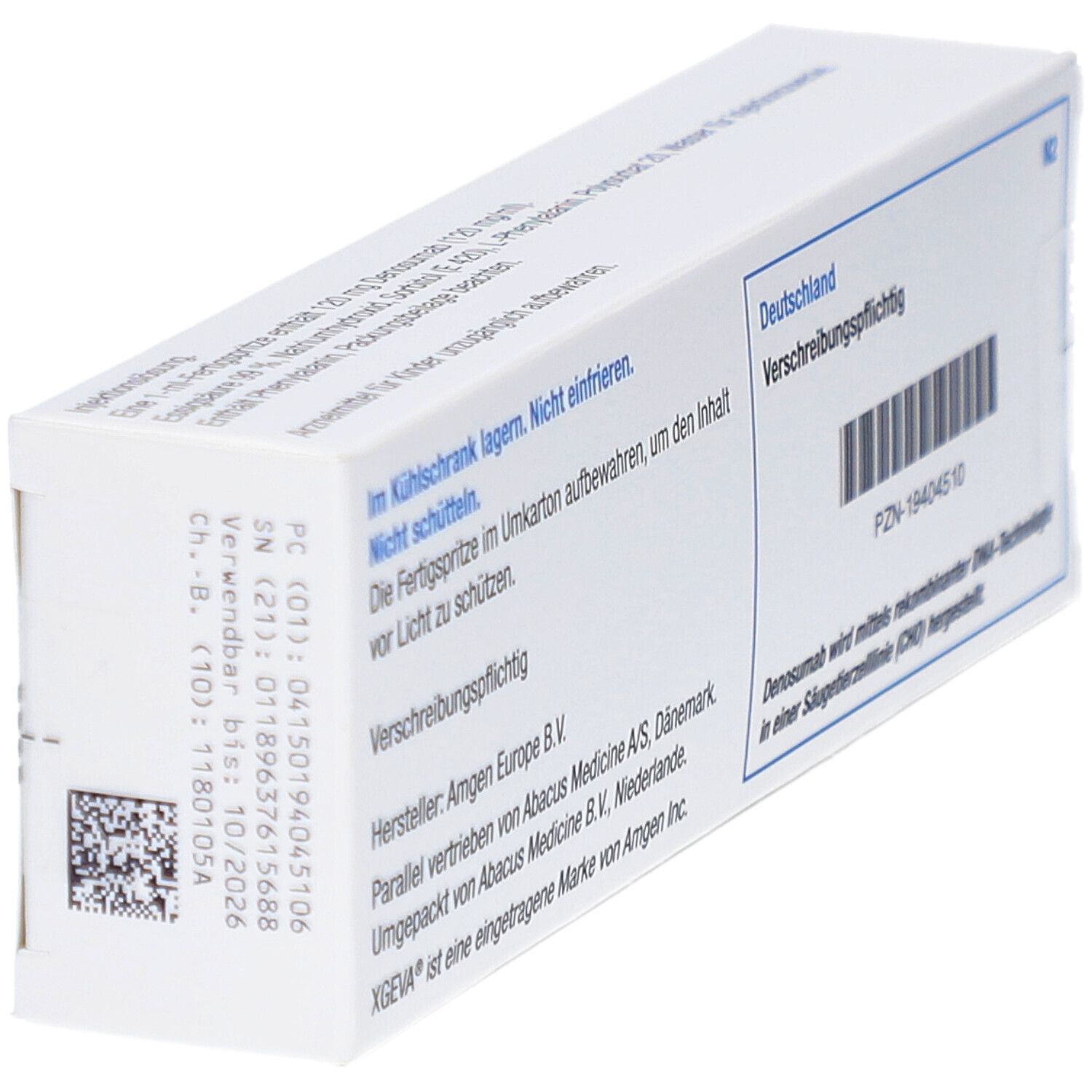Schachtelrückseite. Text: Verschreibungspflichtig. PZN-19404510. Hersteller: Amgen Europe B.V. Barcode.