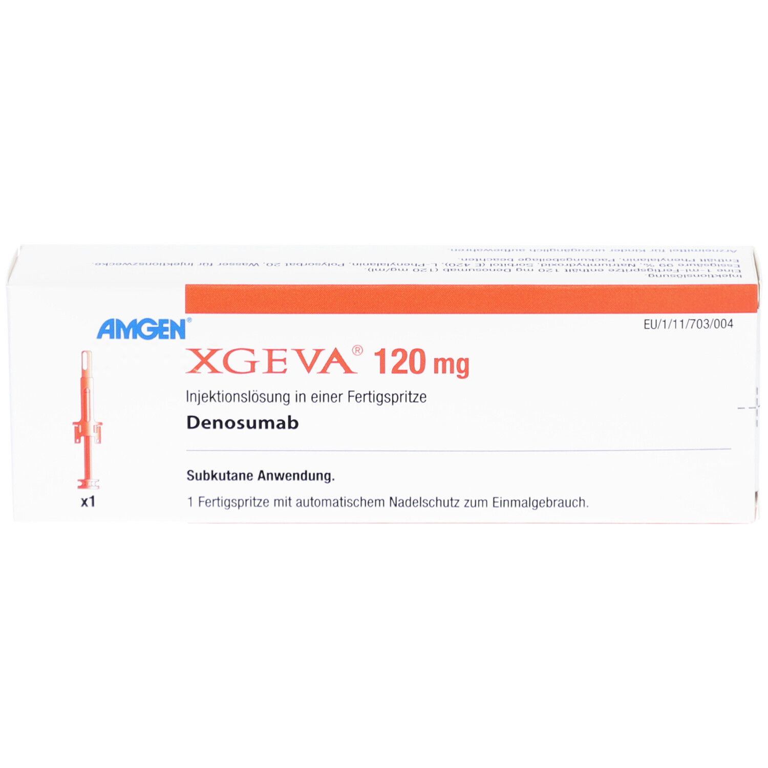 Weiße Schachtel mit roter Schrift. Aufschrift: XGEVA 120 mg. Injektionslösung in Fertigspritze. Amgen.