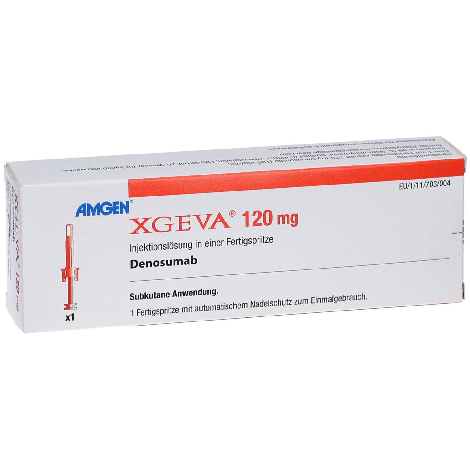 Weiße Schachtel mit roter Schrift. Aufschrift: XGEVA 120 mg. Injektionslösung in Fertigspritze. Amgen.