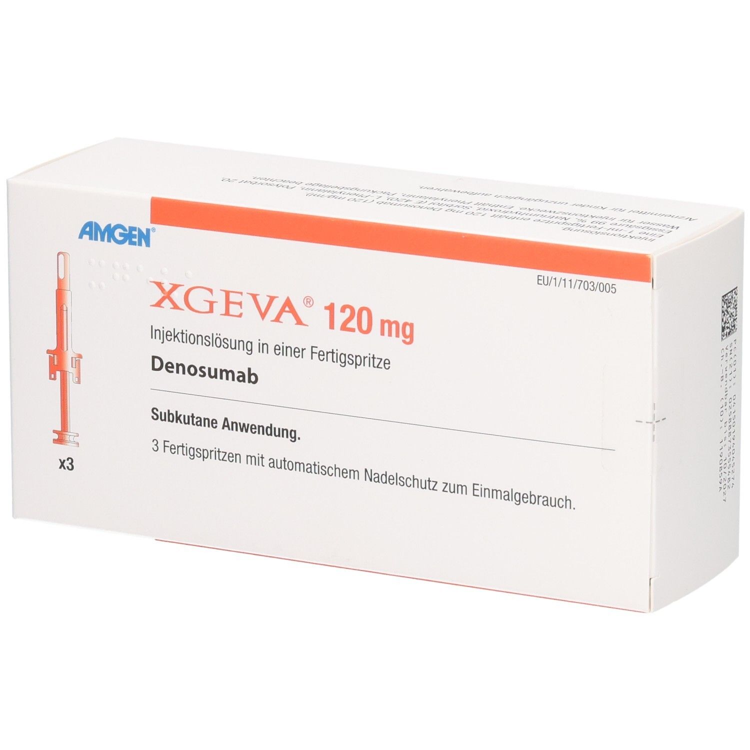 Weißer Karton mit roter Leiste. Aufschrift: XGEVA 120 mg, Injektionslösung. Enthält 3 Fertigspritzen. Marke: Amgen.