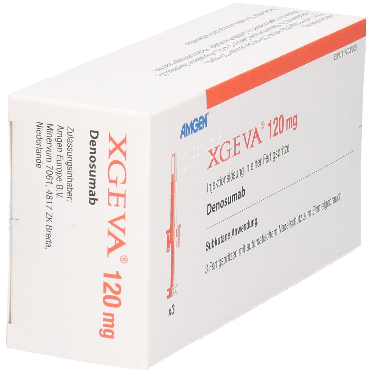 Karton mit roter Leiste. Aufschrift: XGEVA 120 mg, Injektionslösung. Enthält 3 Fertigspritzen. Marke: Amgen. Seitenansicht.
