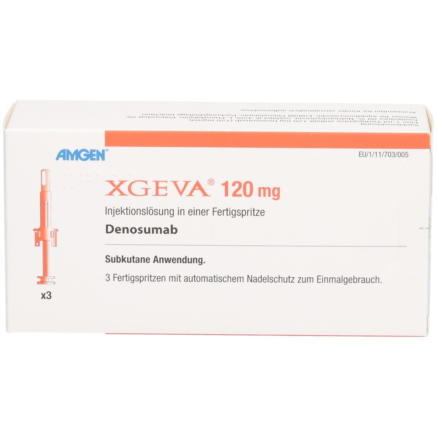 Weißer Karton mit roter Leiste. Aufschrift: XGEVA 120 mg, Injektionslösung. Enthält 3 Fertigspritzen. Marke: Amgen.