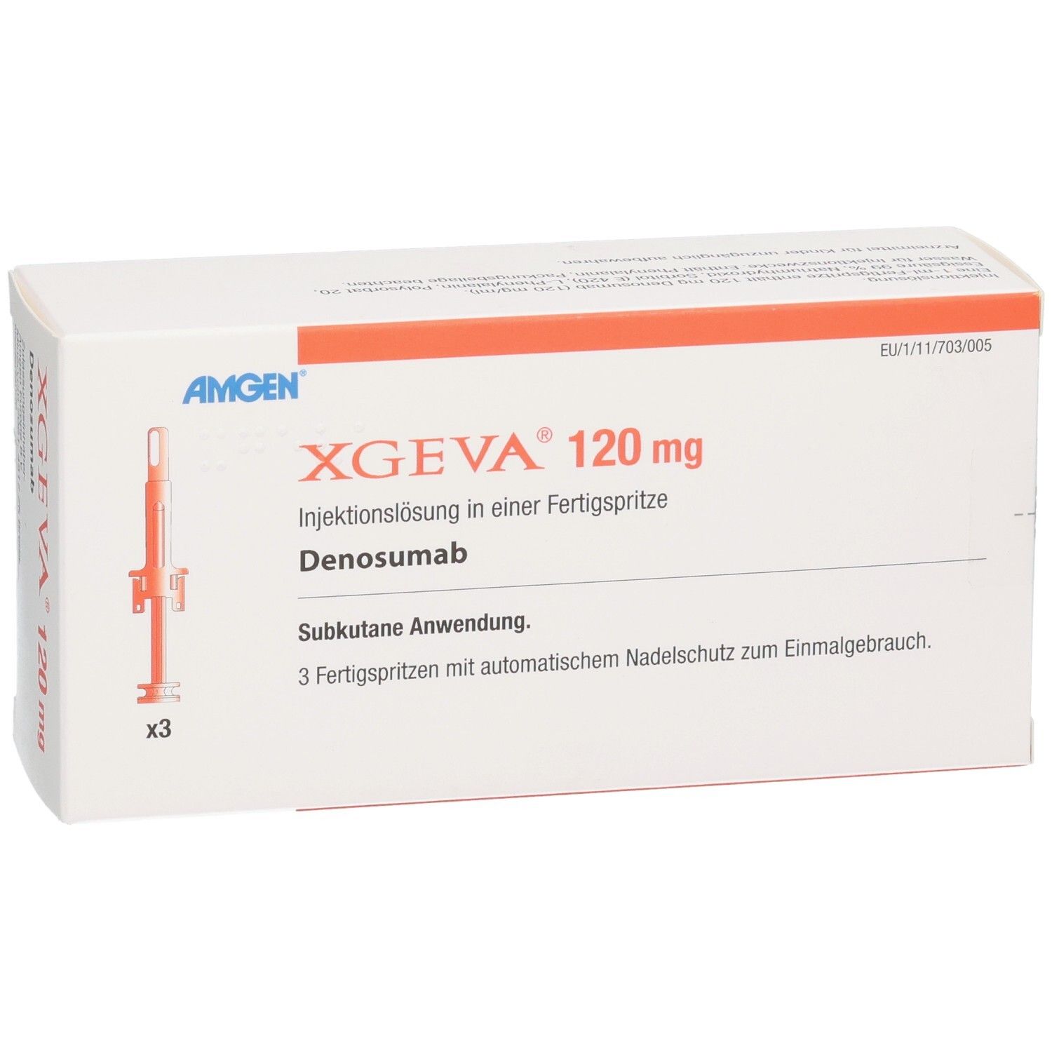 Weißer Karton mit roter Leiste. Aufschrift: XGEVA 120 mg, Injektionslösung. Enthält 3 Fertigspritzen. Marke: Amgen.