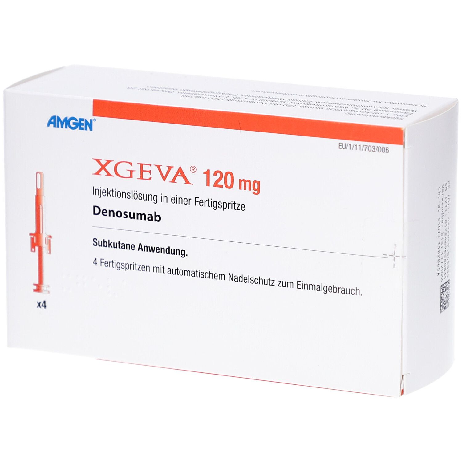 Weiße Schachtel mit roter Schrift. Aufschrift: XGEVA 120 mg, Injektionslösung. Enthält 4 Fertigspritzen. Marke: Amgen.