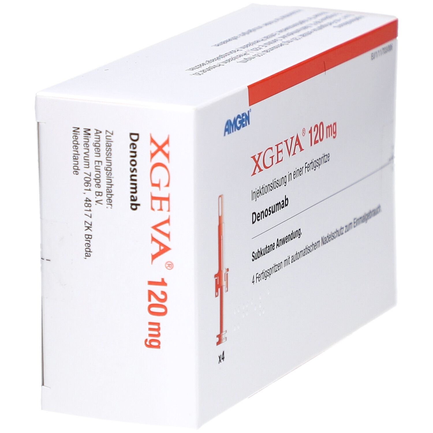 Weiße Schachtel mit roter Schrift. Aufschrift: XGEVA 120 mg, Injektionslösung. Marke: Amgen. Enthält 4 Fertigspritzen.