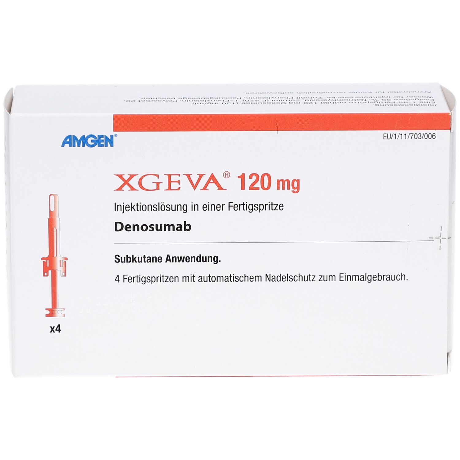 Weiße Schachtel mit roter Schrift. Aufschrift: XGEVA 120 mg, Injektionslösung. Enthält 4 Fertigspritzen. Marke: Amgen.