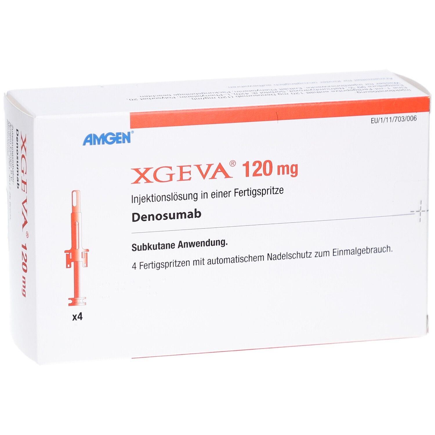 Weiße Schachtel mit roter Schrift. Aufschrift: XGEVA 120 mg, Injektionslösung. Enthält 4 Fertigspritzen. Marke: Amgen.