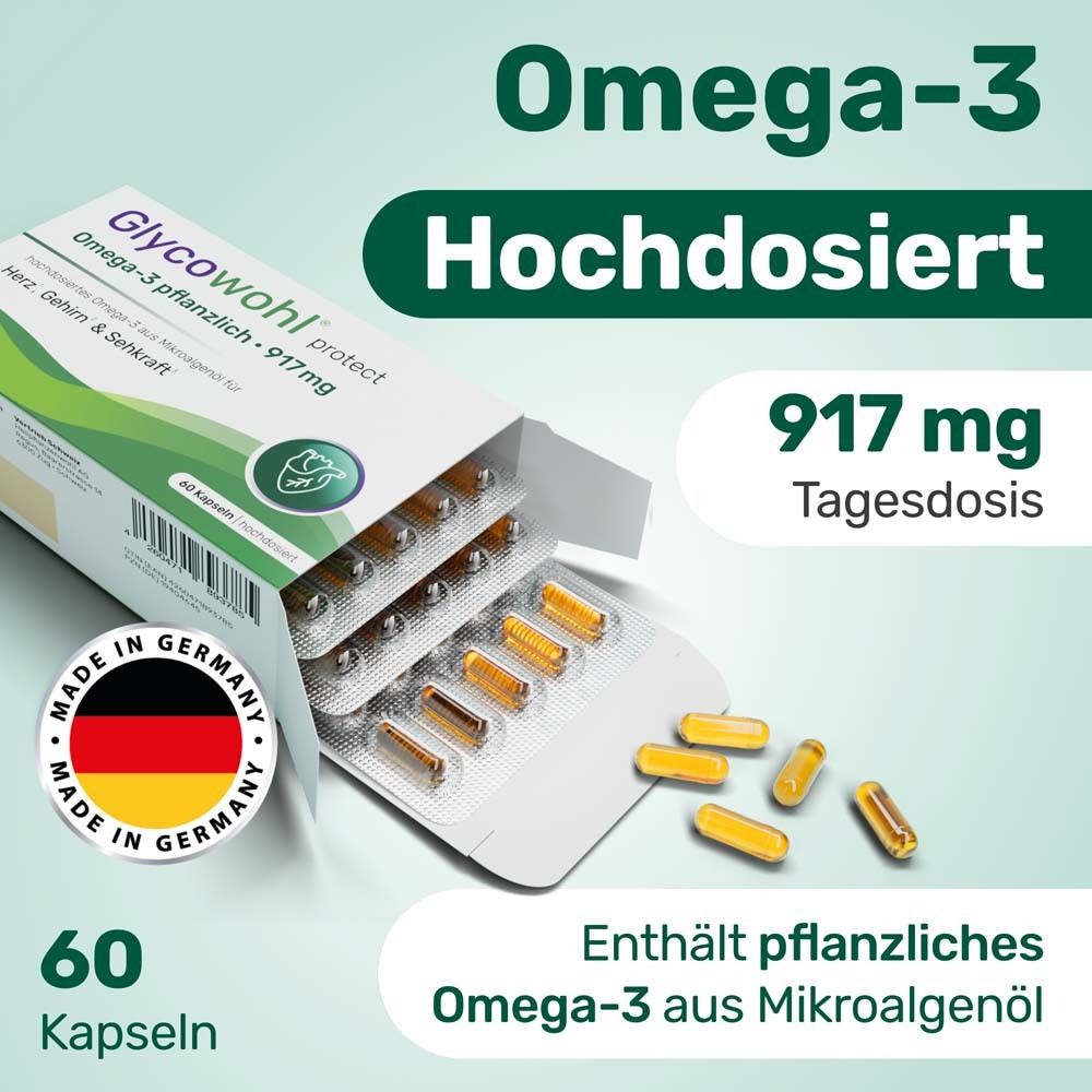 Packung mit Glycowohl protect Omega-3. Blister mit Kapseln. 917 mg Tagesdosis.