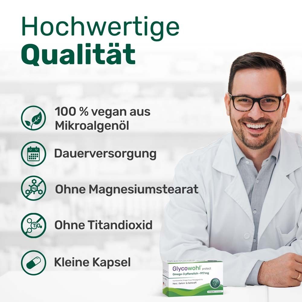 Mann mit weißem Kittel. Text: Hochwertige Qualität. Vegan, ohne Magnesiumstearat.