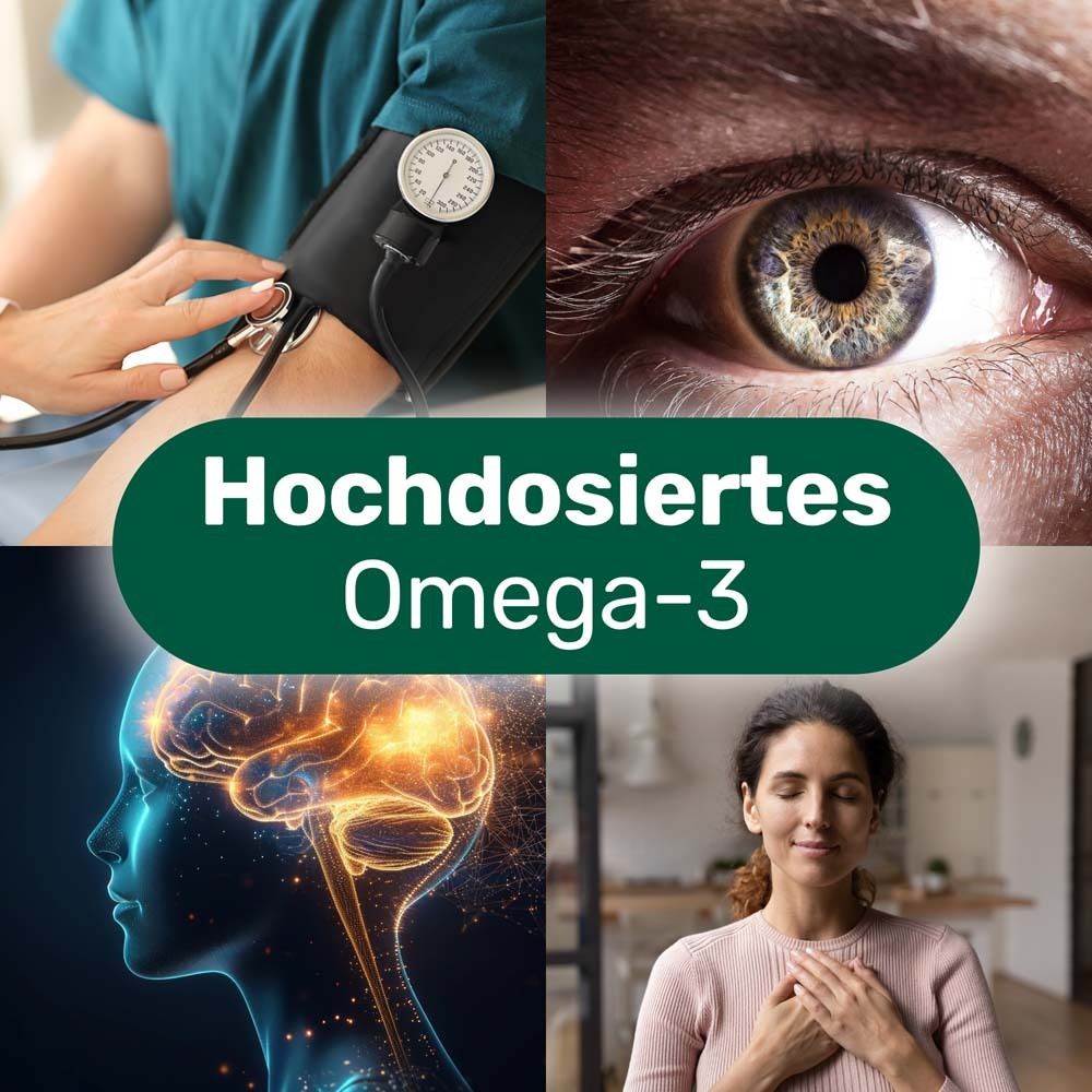 Collage: Bilder von Herz, Gehirn, Auge, Blutdruckmessung. Text: Hochdosiertes Omega-3.