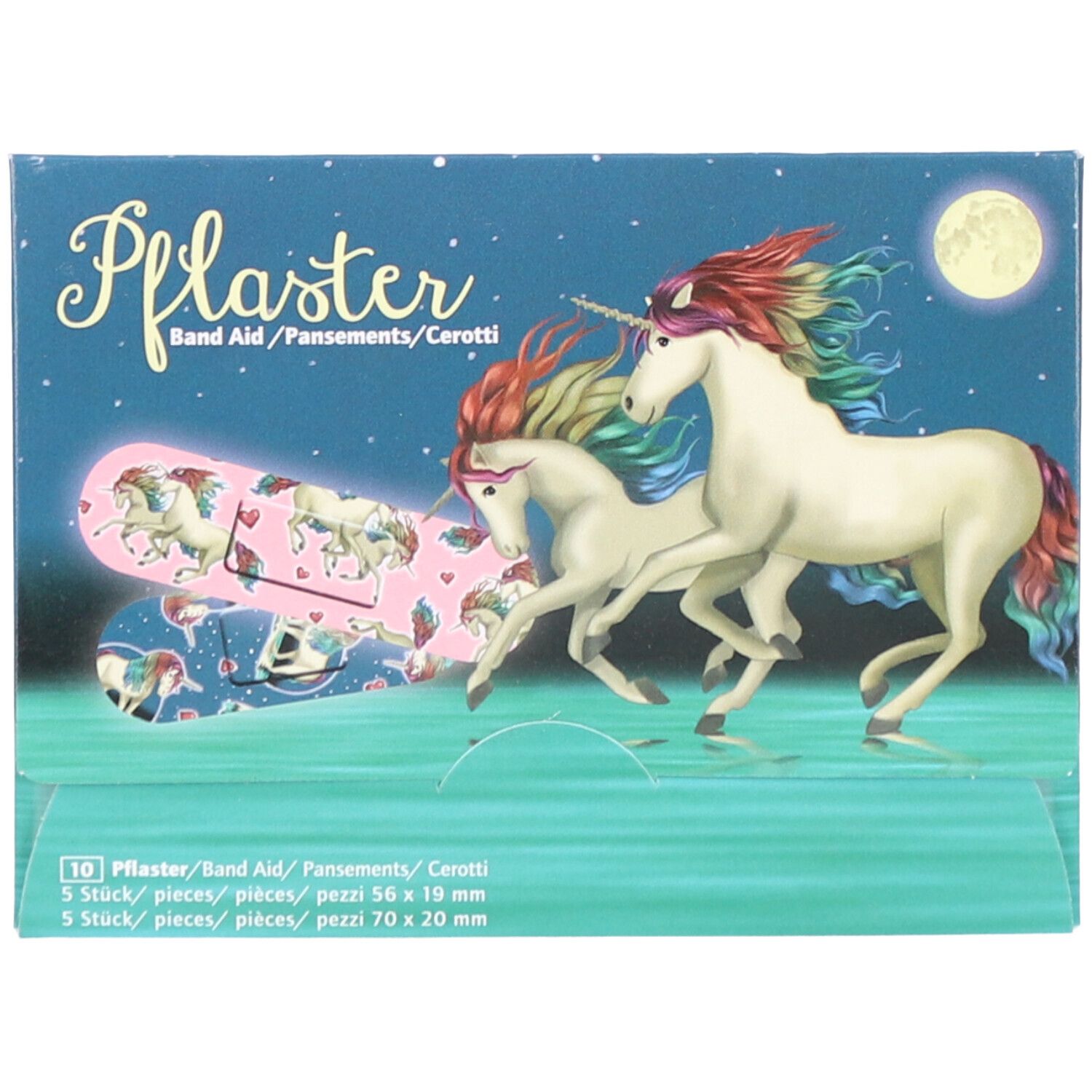Verpackung mit Kinderpflastern. Rosa Pflaster mit Einhörnern. Aufdruck: Einhorn-Illustrationen. Aufschrift: Pflaster, Band Aid, 10 Stück.