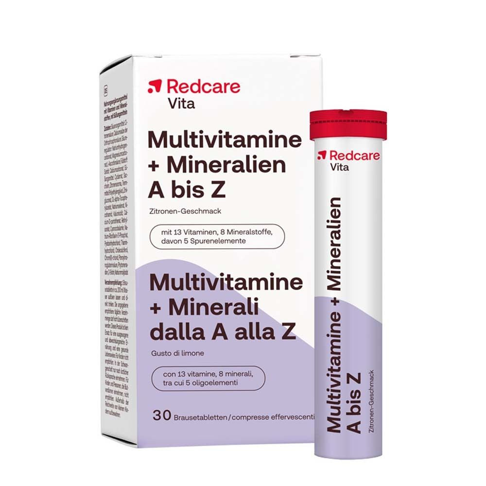 Packung und Tube mit Brausetabletten. Aufschrift: Redcare Vita Multivitamine + Mineralien A bis Z. Zitrone-Geschmack.