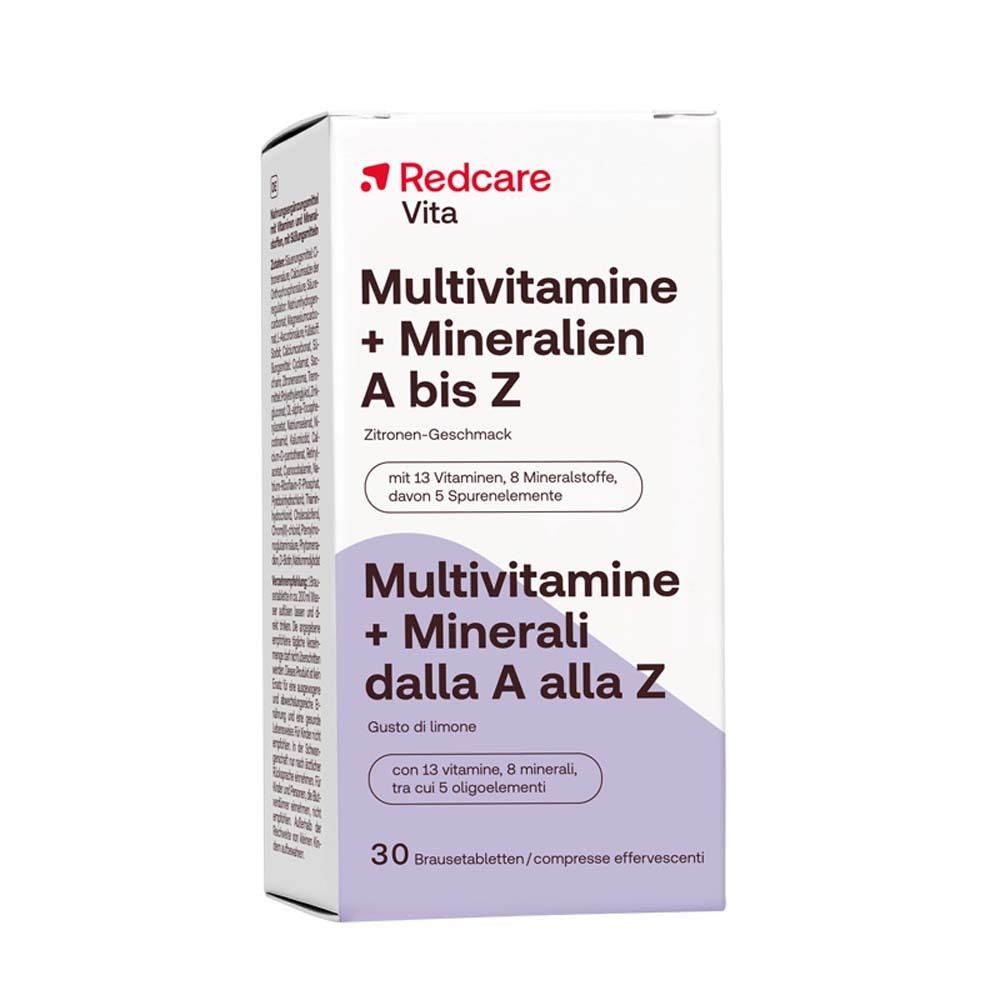 Verpackung von Redcare Vita Multivitamine + Mineralien A bis Z. Aufschrift: 30 Brausetabletten. Zitrone-Geschmack.