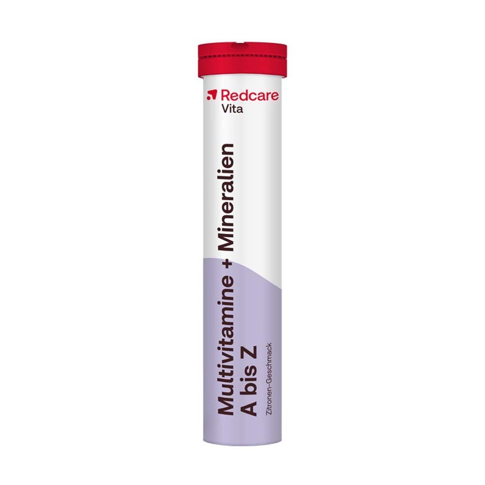 Tube mit Brausetabletten. Aufschrift: Redcare Vita Multivitamine + Mineralien A bis Z. Zitrone-Geschmack.