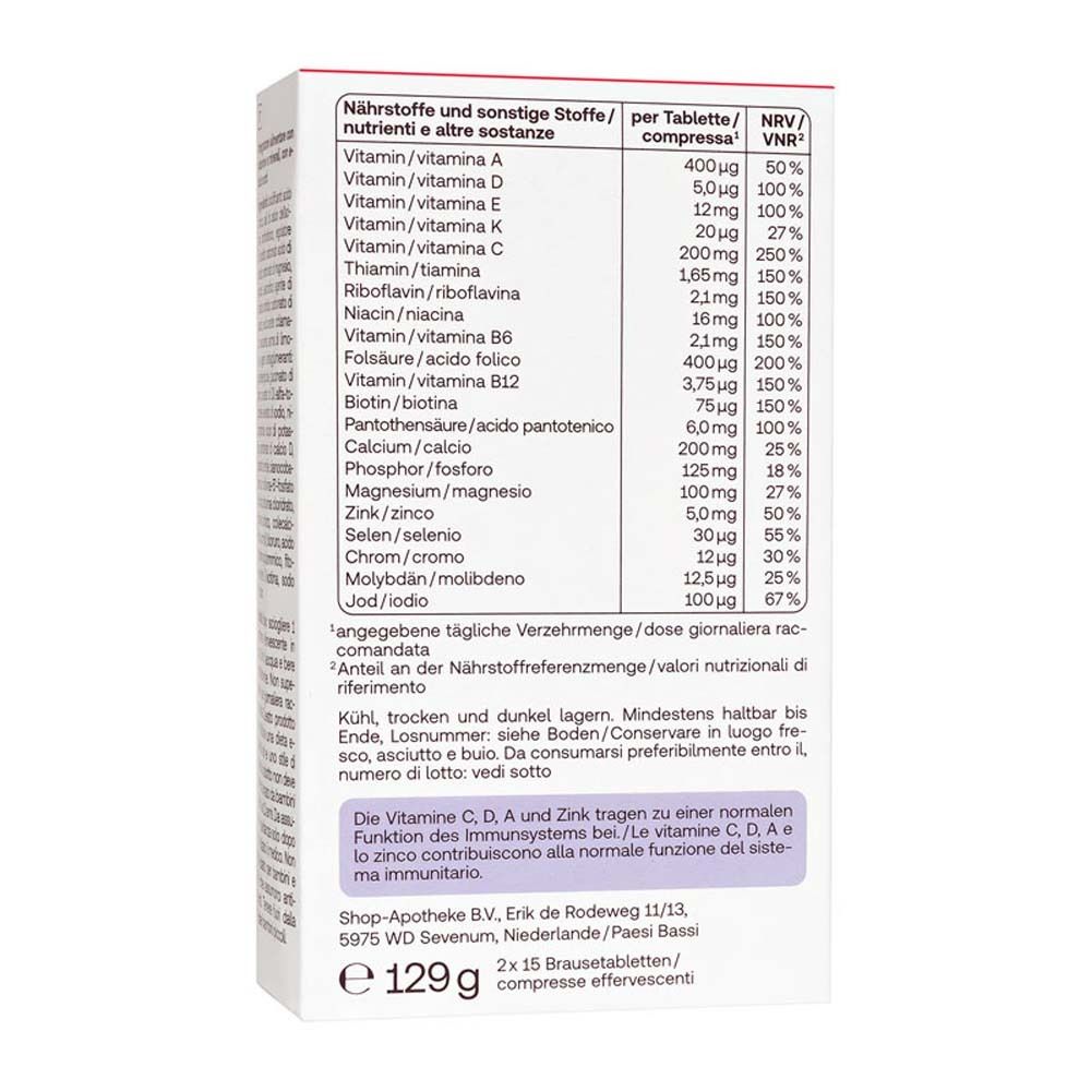 Emballage avec informations nutritionnelles. Contient des multivitamines + minéraux A à Z. Marque : Redcare Vita. 2x15 comprimés effervescents.