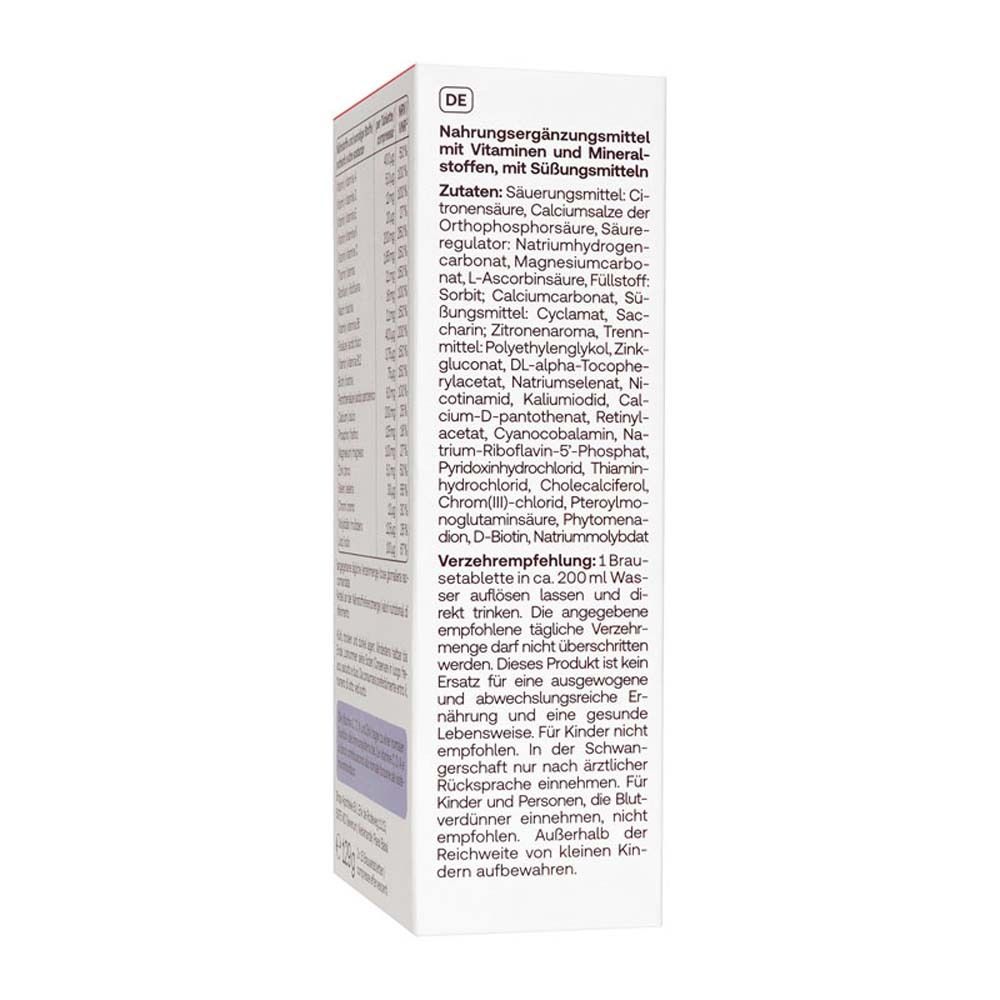 Emballage avec ingrédients et instructions d'utilisation. Contient des multivitamines + minéraux A à Z. Marque : Redcare Vita.