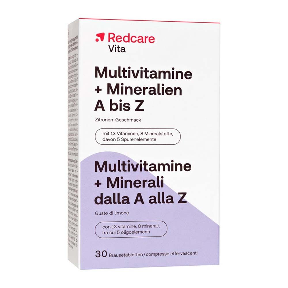 Emballage de Multivitamines + Minéraux A à Z. Marque : Redcare Vita. 30 comprimés effervescents. Goût citron.