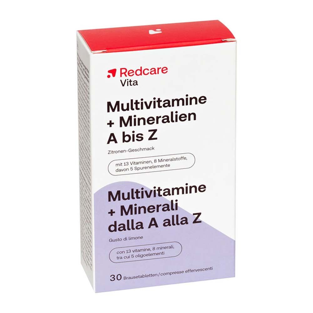 Emballage de Multivitamines + Minéraux A à Z. Marque : Redcare Vita. 30 comprimés effervescents. Goût citron.