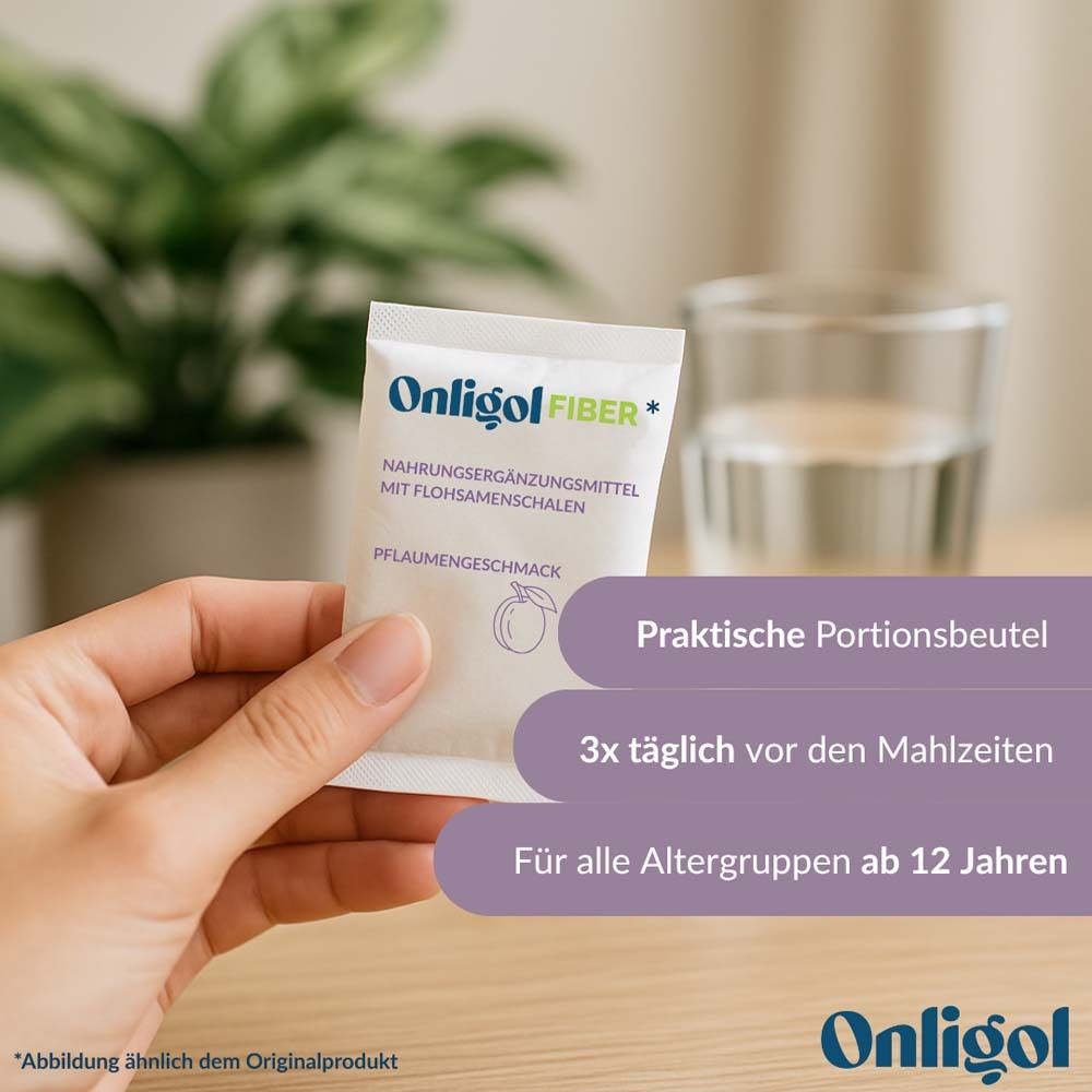 Hand hält Beutel Onligol Fiber. Praktische Portionsbeutel. 3x täglich vor Mahlzeiten. Ab 12 Jahren.