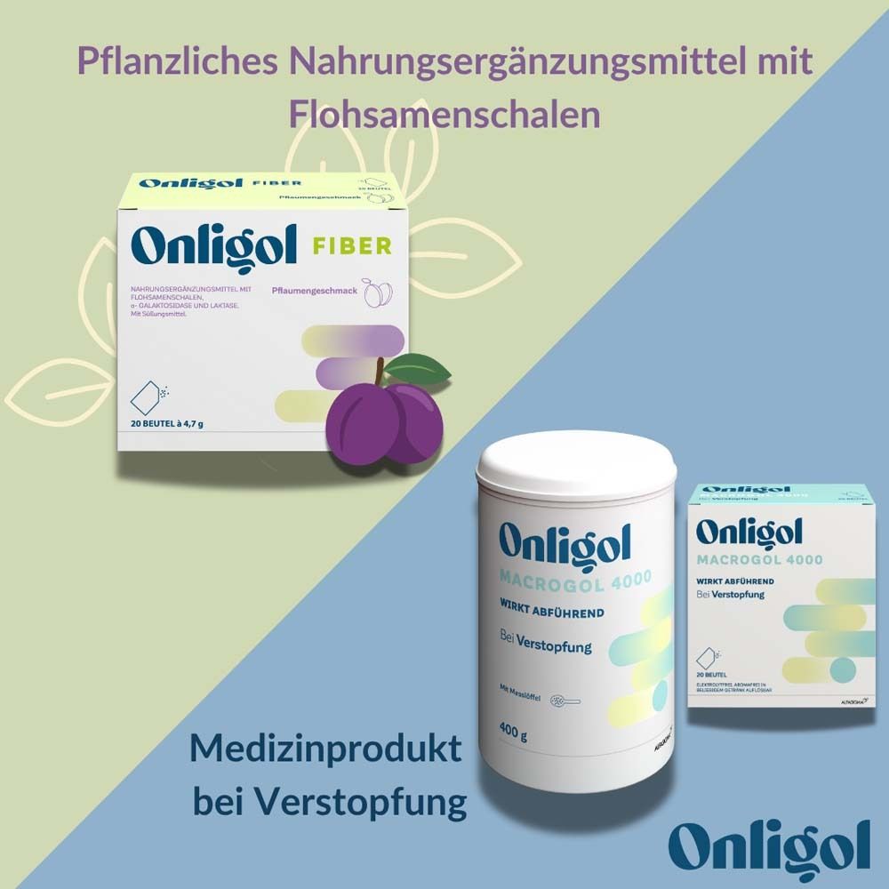 Onligol Fiber, Pflaumengeschmack. Medizinprodukt bei Verstopfung. Onligol Macrogol 4000.