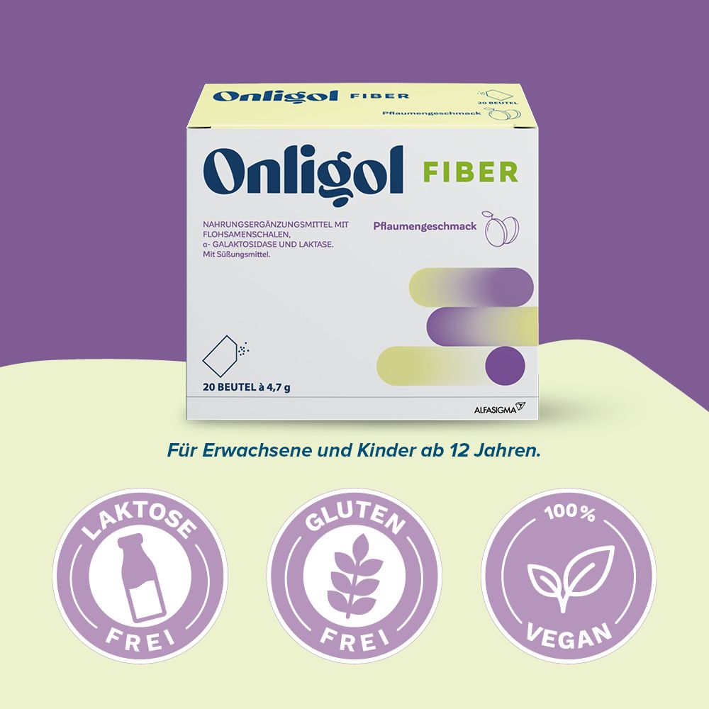 Verpackung von Onligol Fiber mit 20 Beuteln à 4,7 g, Pflaumengeschmack. Siegel: Laktosefrei, Glutenfrei, Vegan.