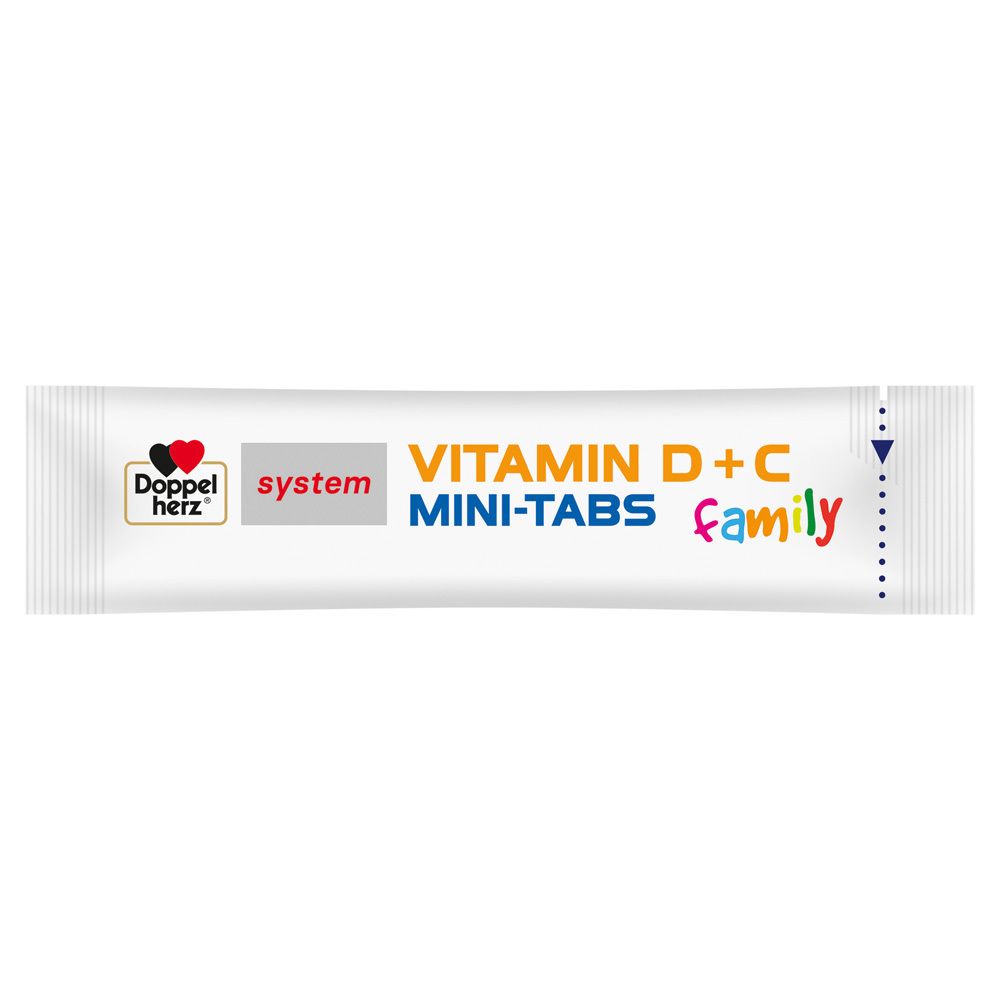 Einzelner Portionsbeutel von Doppelherz system VITAMIN D+C MINI-TABS family. Enthält Mini-Tabs.