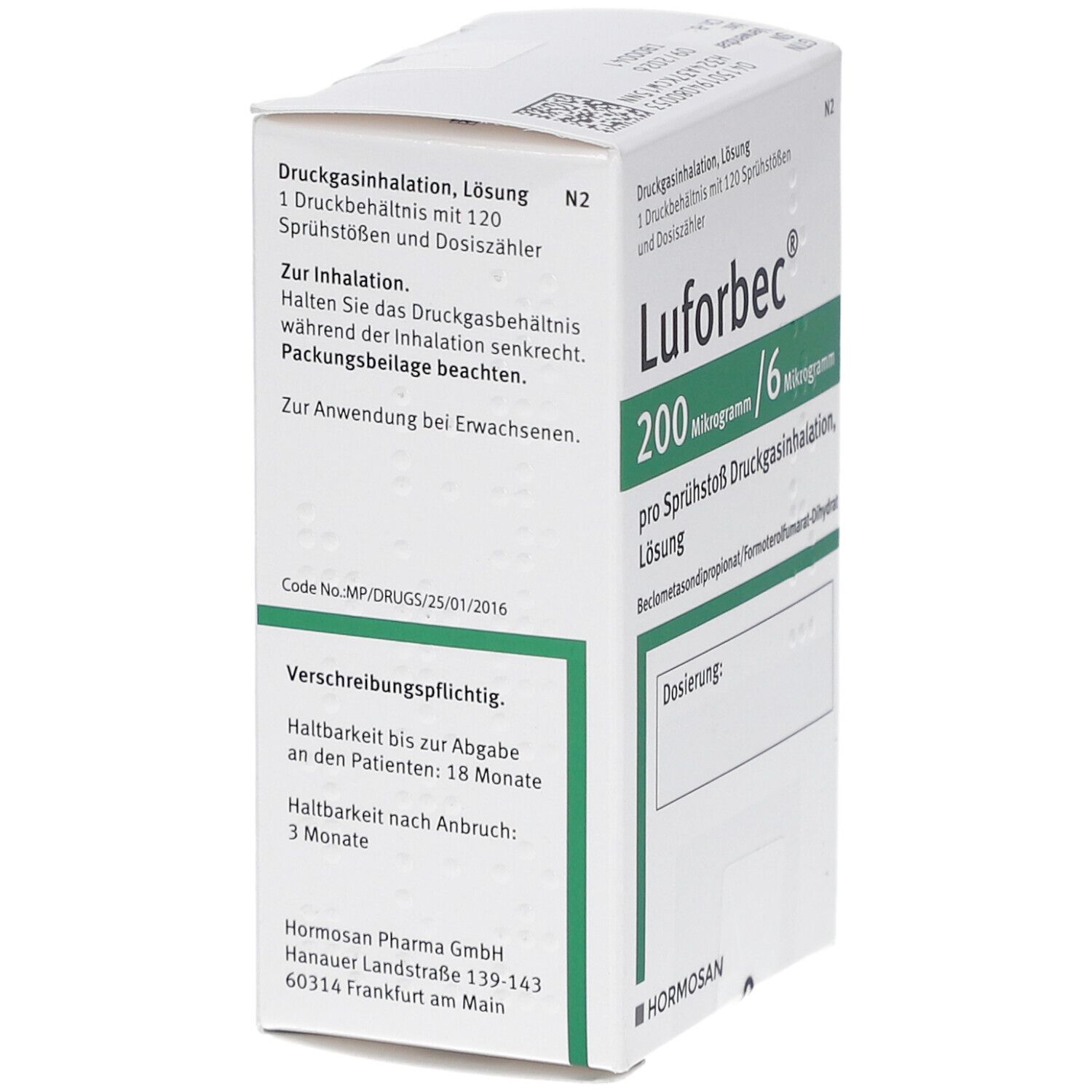 Schachtel Lufarbec 200/6. Text auf der Seite: Gebrauchsanweisung, Haltbarkeit, Herstellerinformationen.