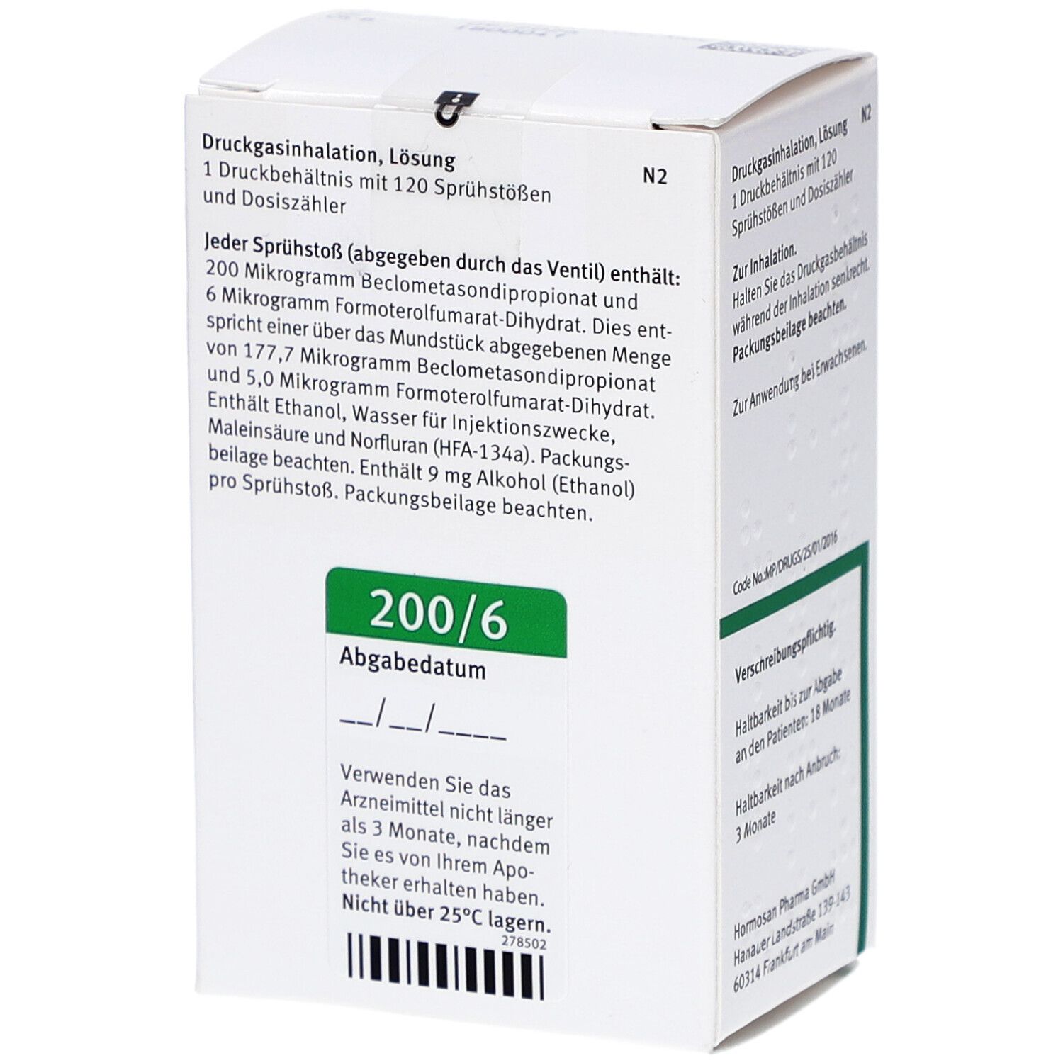 Schachtel Lufarbec 200/6. Text: Zusammensetzung, Verfallsdatum, Lagerungshinweise, Barcode.