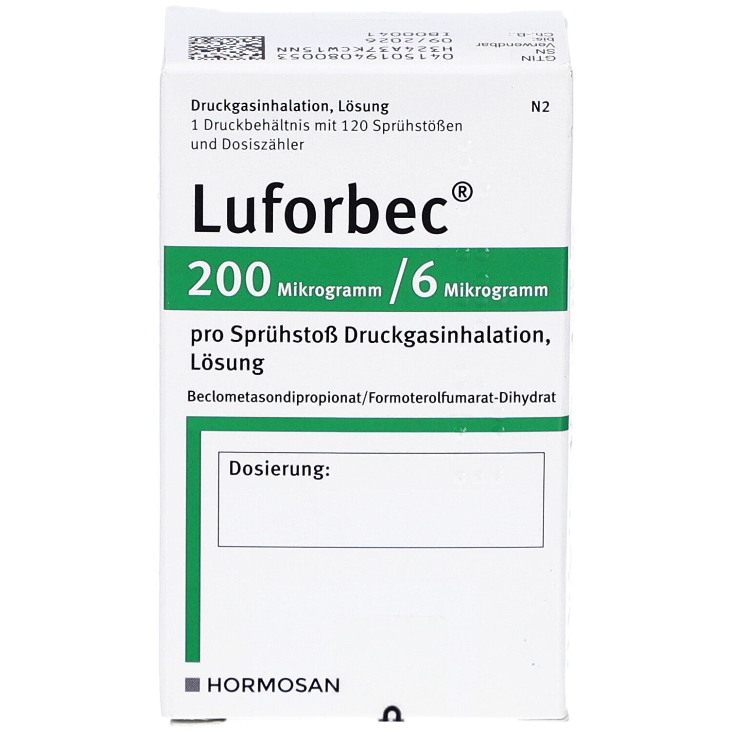Schachtel Lufarbec 200/6. Vorderseite: Produktname, Dosierung, Herstellerlogo.