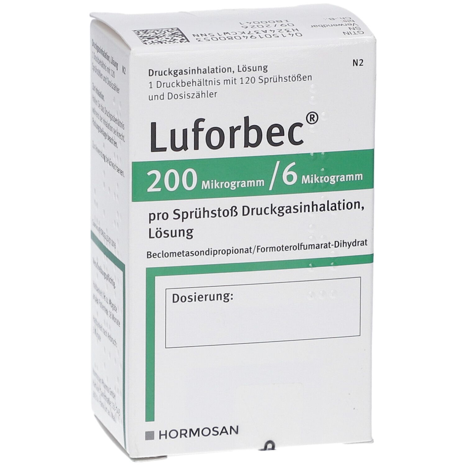 Schachtel Lufarbec 200/6. Vorderseite: Produktname, Dosierung, Herstellerlogo.