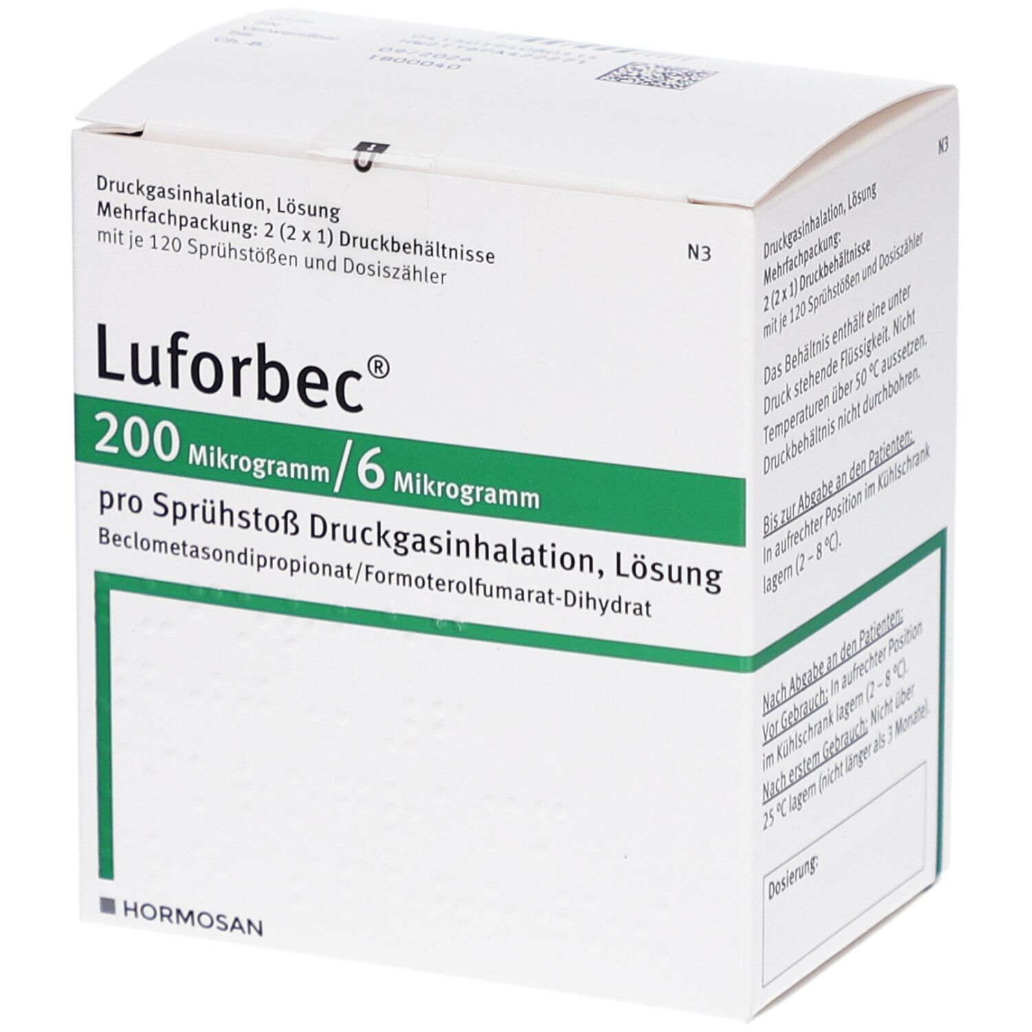 Weißer Karton mit grünen Akzenten. Aufschrift: Lufurbe 200 Mikrogramm/6 Mikrogramm. Hormosan Logo.