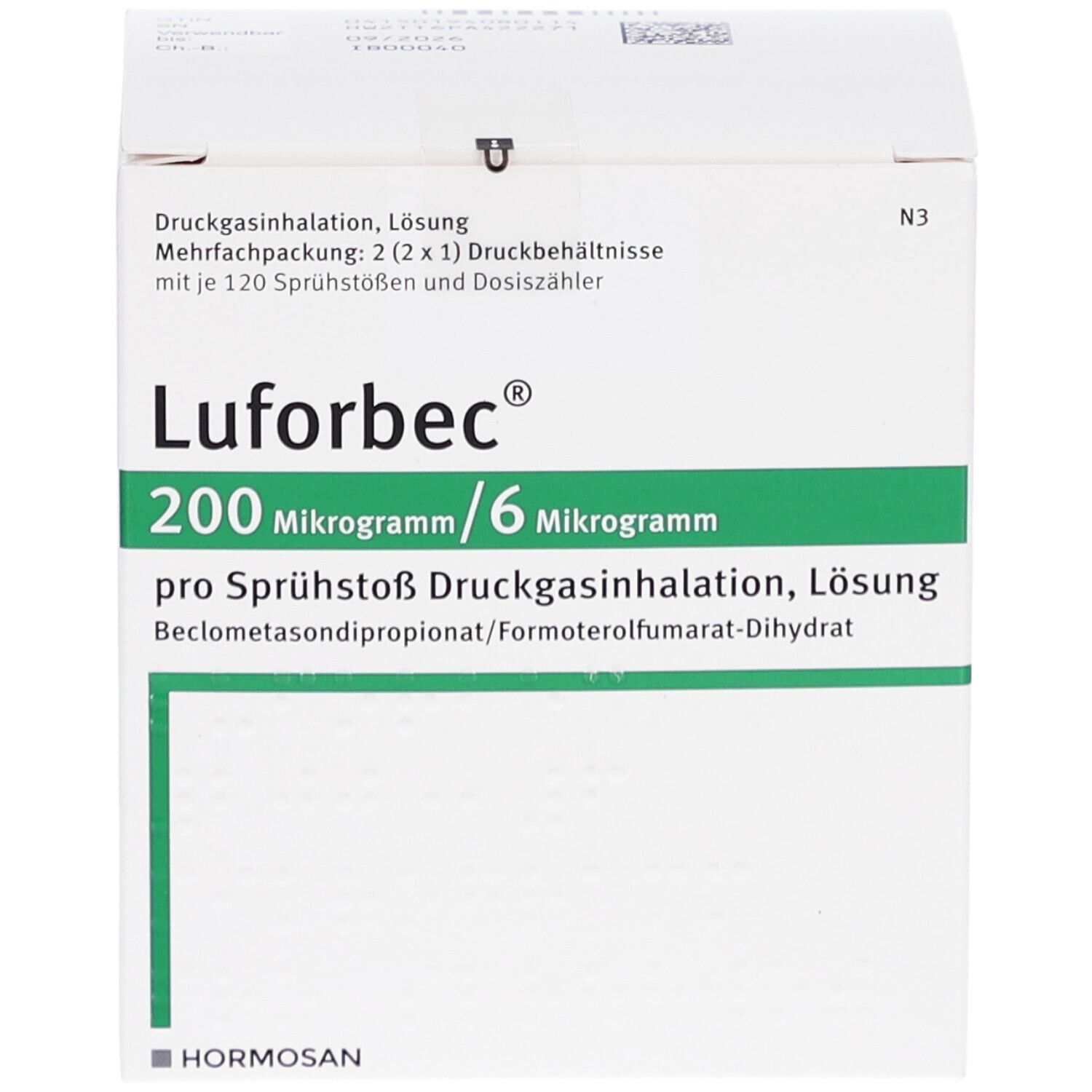 Weißer Karton mit grünen Akzenten. Aufschrift: Lufurbe 200 Mikrogramm/6 Mikrogramm. Hormosan Logo.