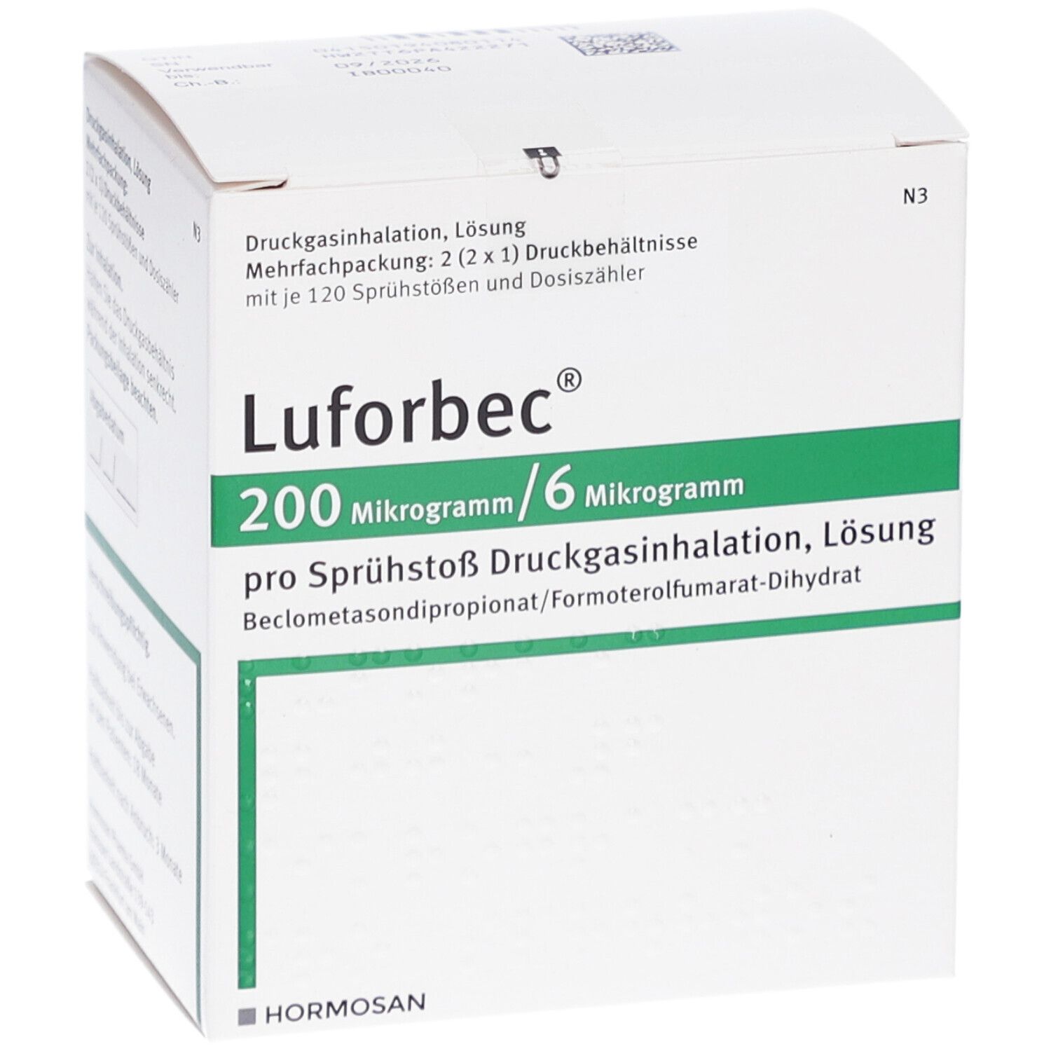 Weißer Karton mit grünen Akzenten. Aufschrift: Lufurbe 200 Mikrogramm/6 Mikrogramm. Hormosan Logo.