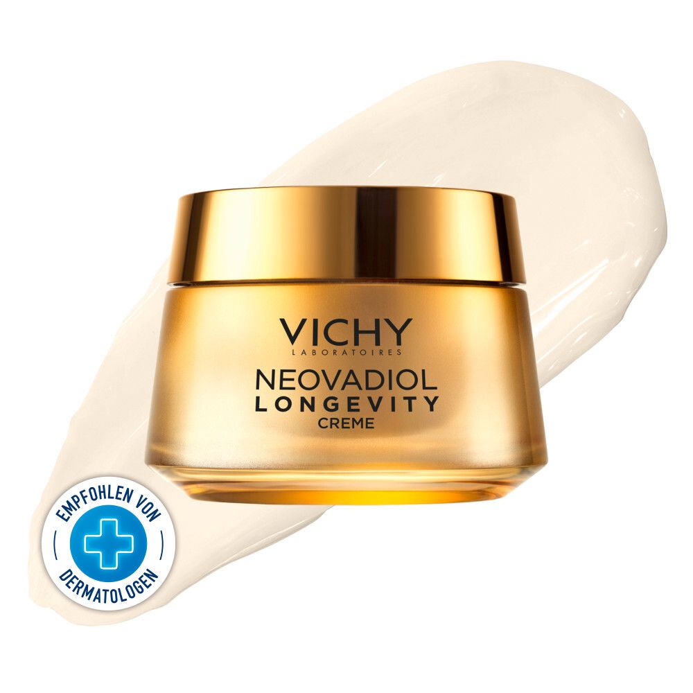 Goldfarbener Tiegel mit Creme. Aufschrift: Vichy, Neovadiol Longevity Creme. Empfohlen von Dermatologen.