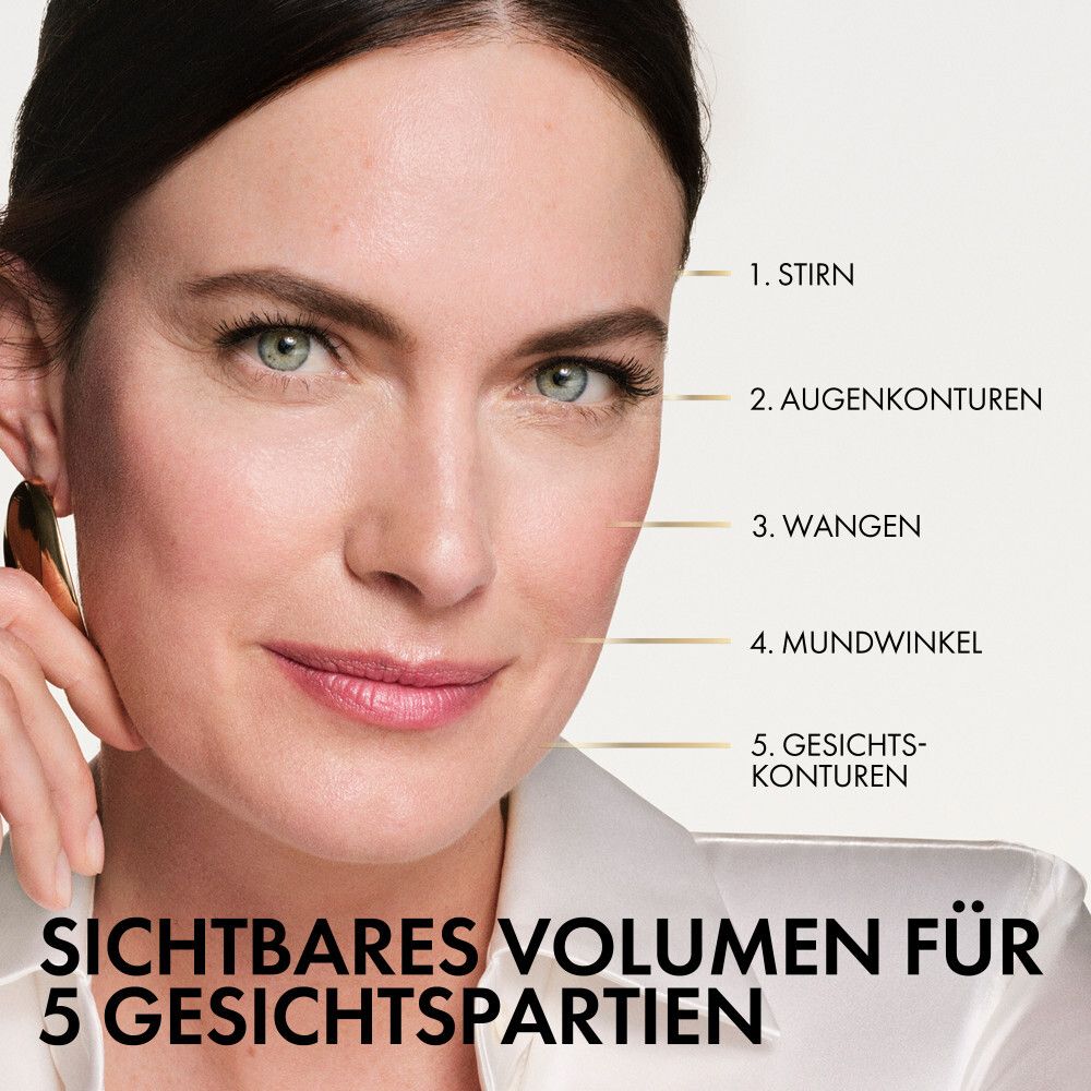 Frau mit Markierungen im Gesicht. Text: Sichtbares Volumen für 5 Gesichtspartien.