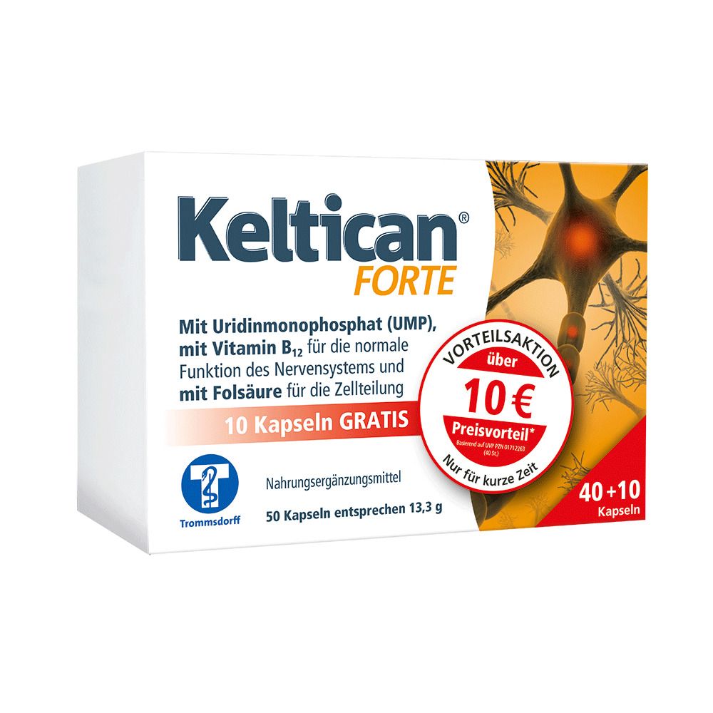 Keltican forte-Verpackung. Weißer Karton mit Produktnamen und Inhaltsangaben. Roter Aktionsaufkleber. Abbildung eines Neurons.