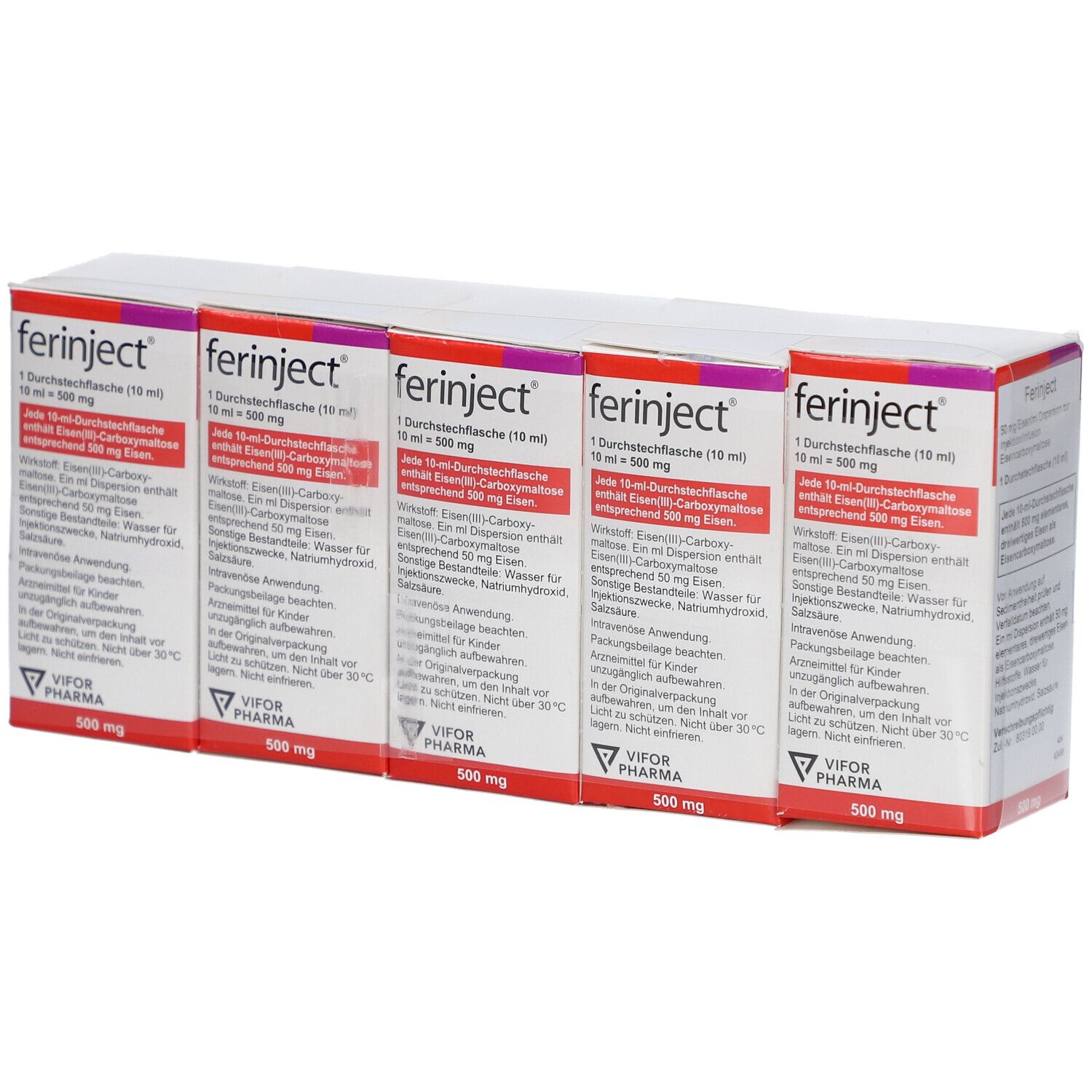 Fünf Packungen FERINJECT. Weiße Schachteln mit lila Akzenten und Produktinformationen. VIFOR PHARMA Logo.