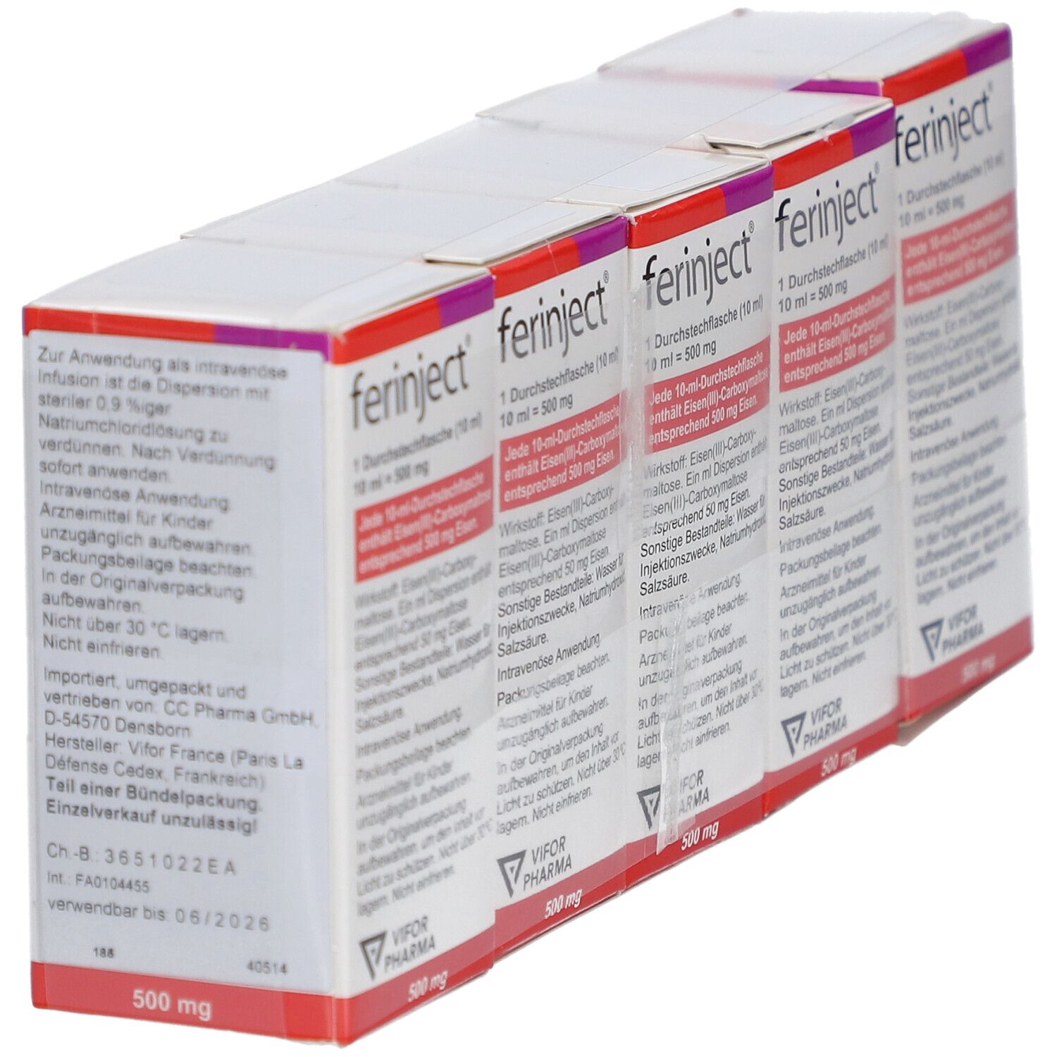 Vier Packungen FERINJECT. Weiße Schachteln mit lila Akzenten und Produktinformationen. VIFOR PHARMA Logo.