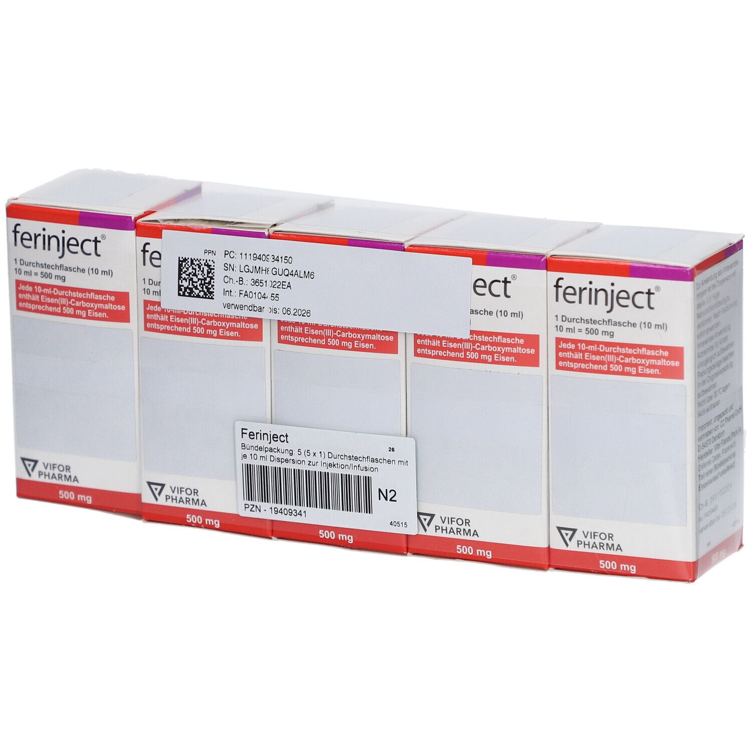 Drei Packungen FERINJECT. Weiße Schachteln mit lila Akzenten und Produktinformationen. VIFOR PHARMA Logo.