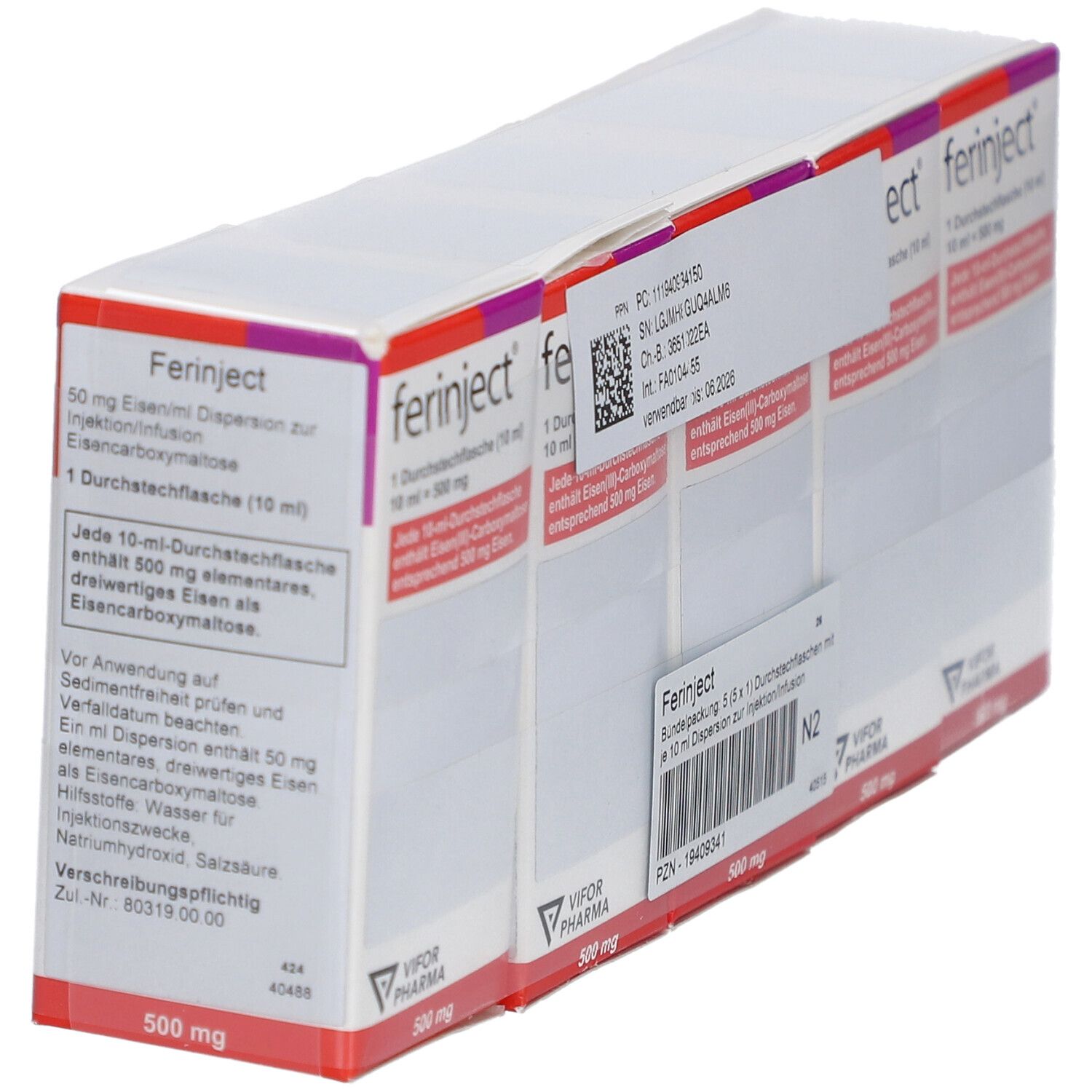 Drei Packungen FERINJECT. Weiße Schachteln mit lila Akzenten und Produktinformationen. VIFOR PHARMA Logo.