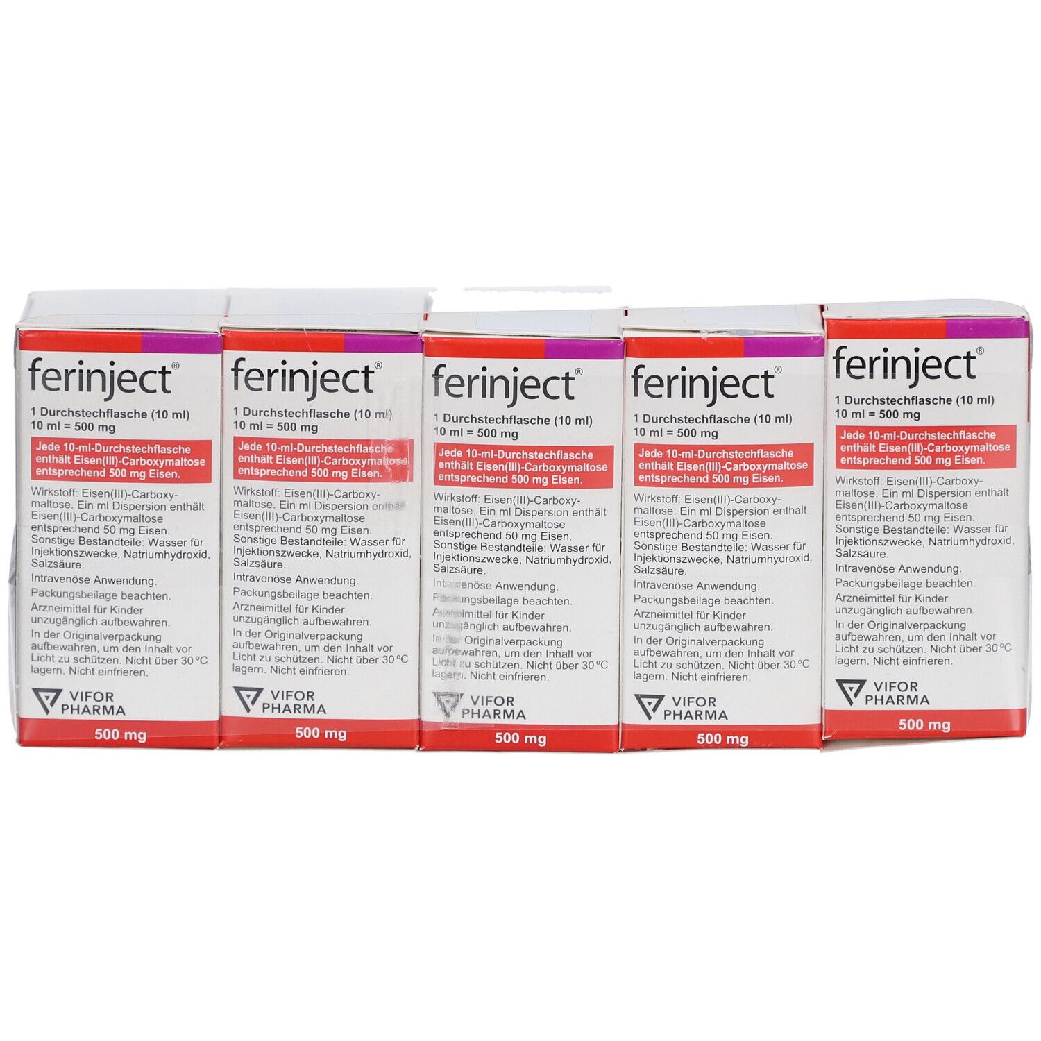 Fünf Packungen FERINJECT. Weiße Schachteln mit lila Akzenten und Produktinformationen. VIFOR PHARMA Logo.