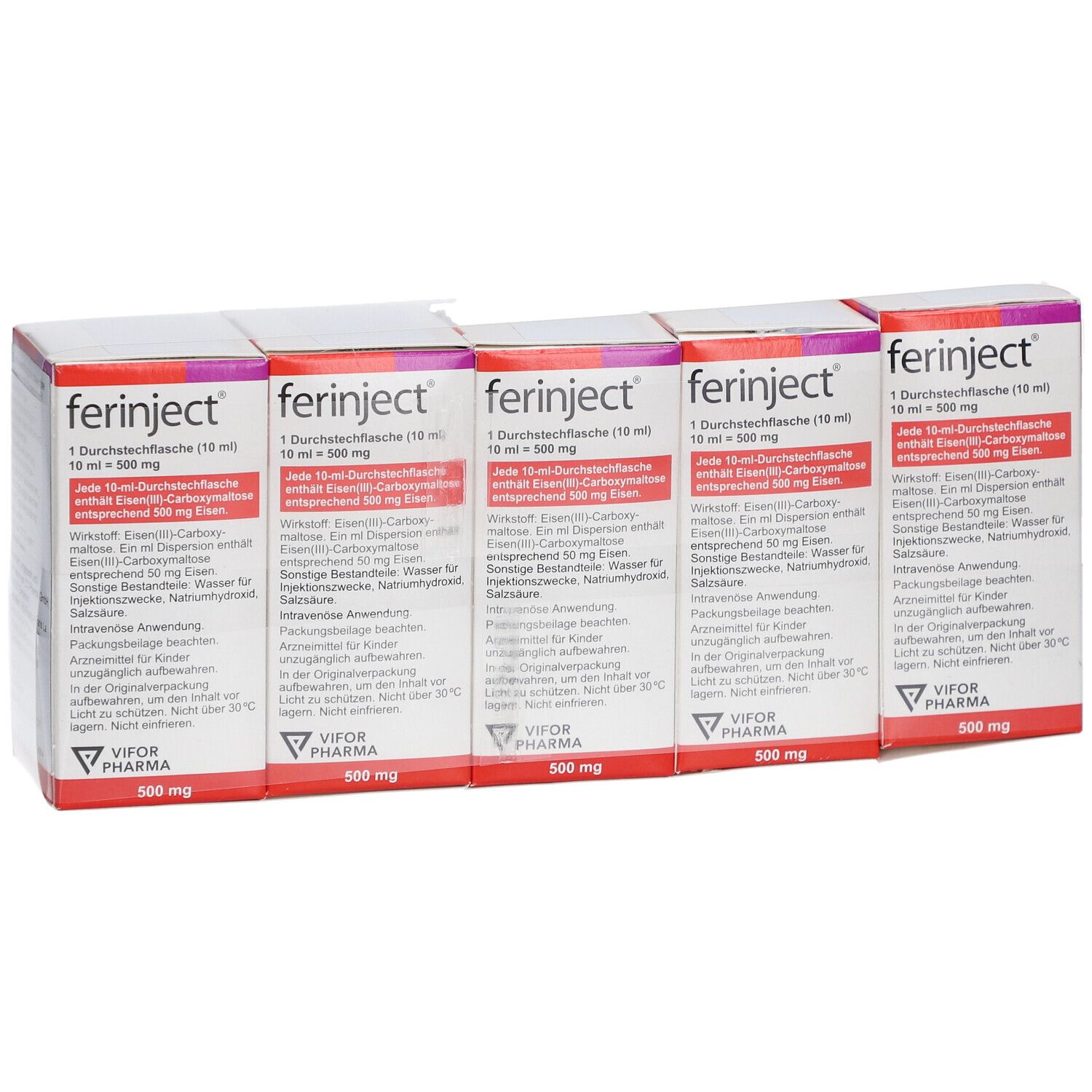 Fünf Packungen FERINJECT. Weiße Schachteln mit lila Akzenten und Produktinformationen. VIFOR PHARMA Logo.