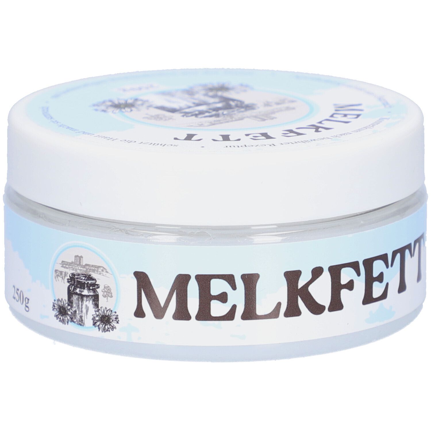 Runde Dose mit weißem Deckel und blauem Etikett. Aufschrift: MELKFETT, 150g. Logo mit Kuh und Haus.