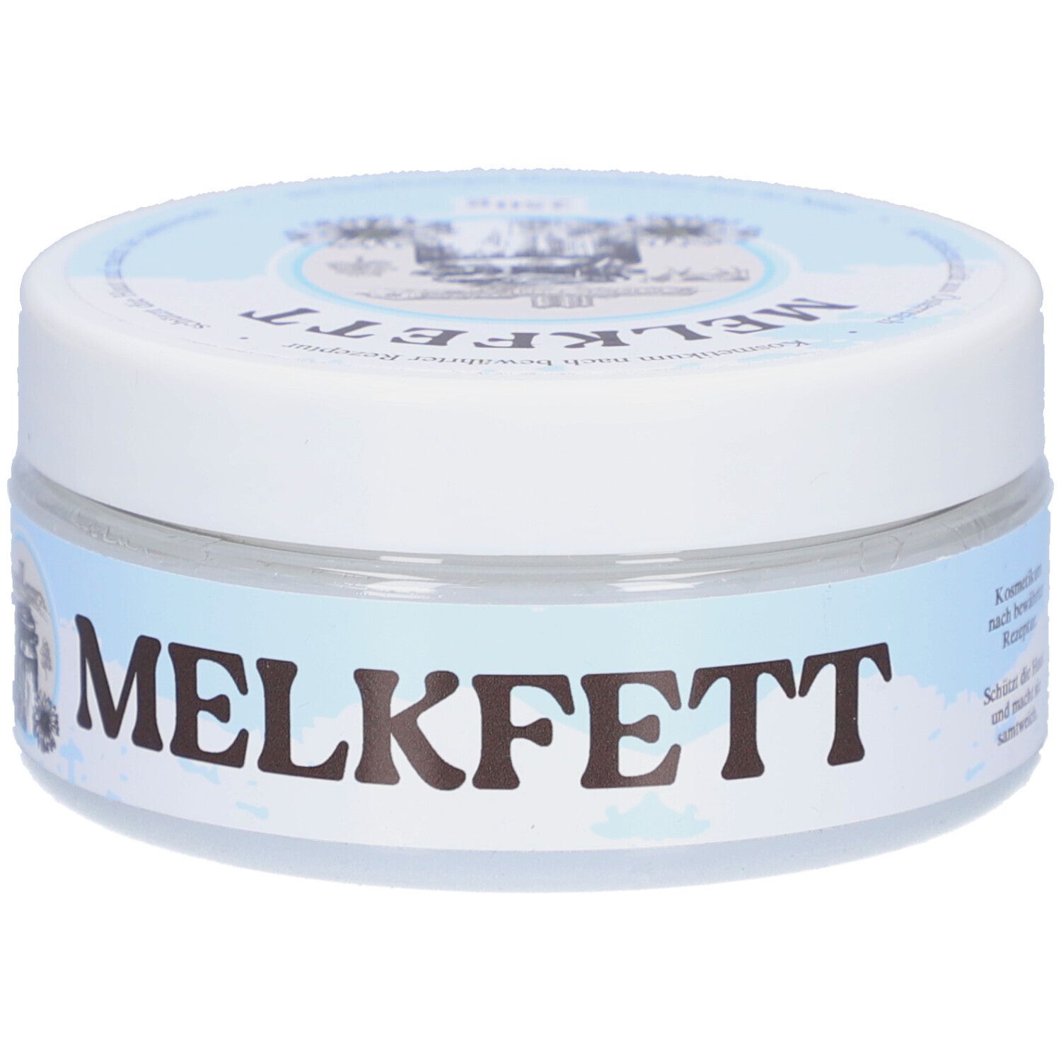 Runde Dose mit weißem Deckel und blauem Etikett. Aufschrift: MELKFETT. Logo mit Kuh und Haus.
