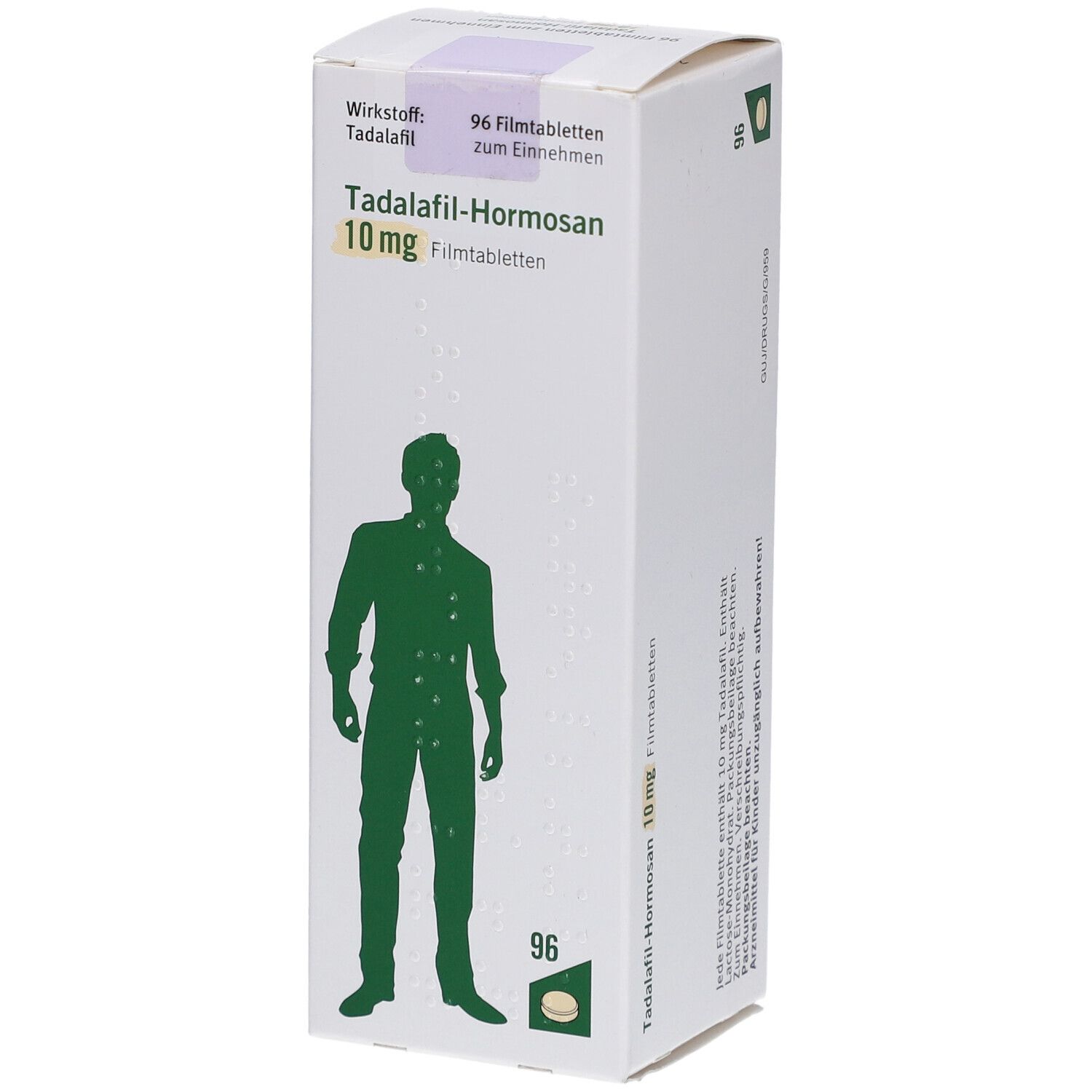 Schachtel mit Tadalafil-Hormosan 10 mg Filmtabletten. Aufdruck: Wirkstoff, 96 Filmtabletten. Grünes Männchen-Silhouette.