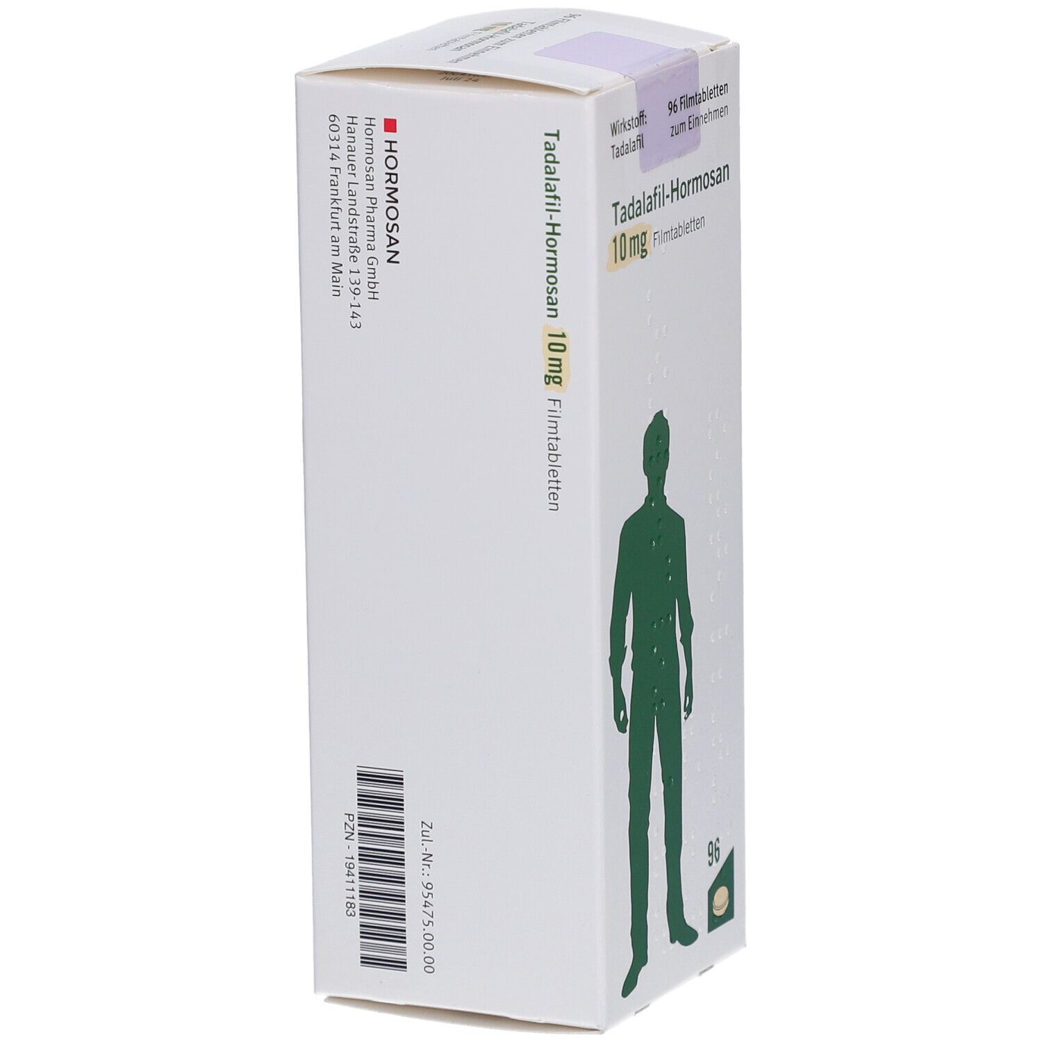 Seitenansicht der Schachtel mit Tadalafil-Hormosan 10 mg Filmtabletten. Aufdruck: Hormosan Pharma GmbH. Grünes Männchen-Silhouette.