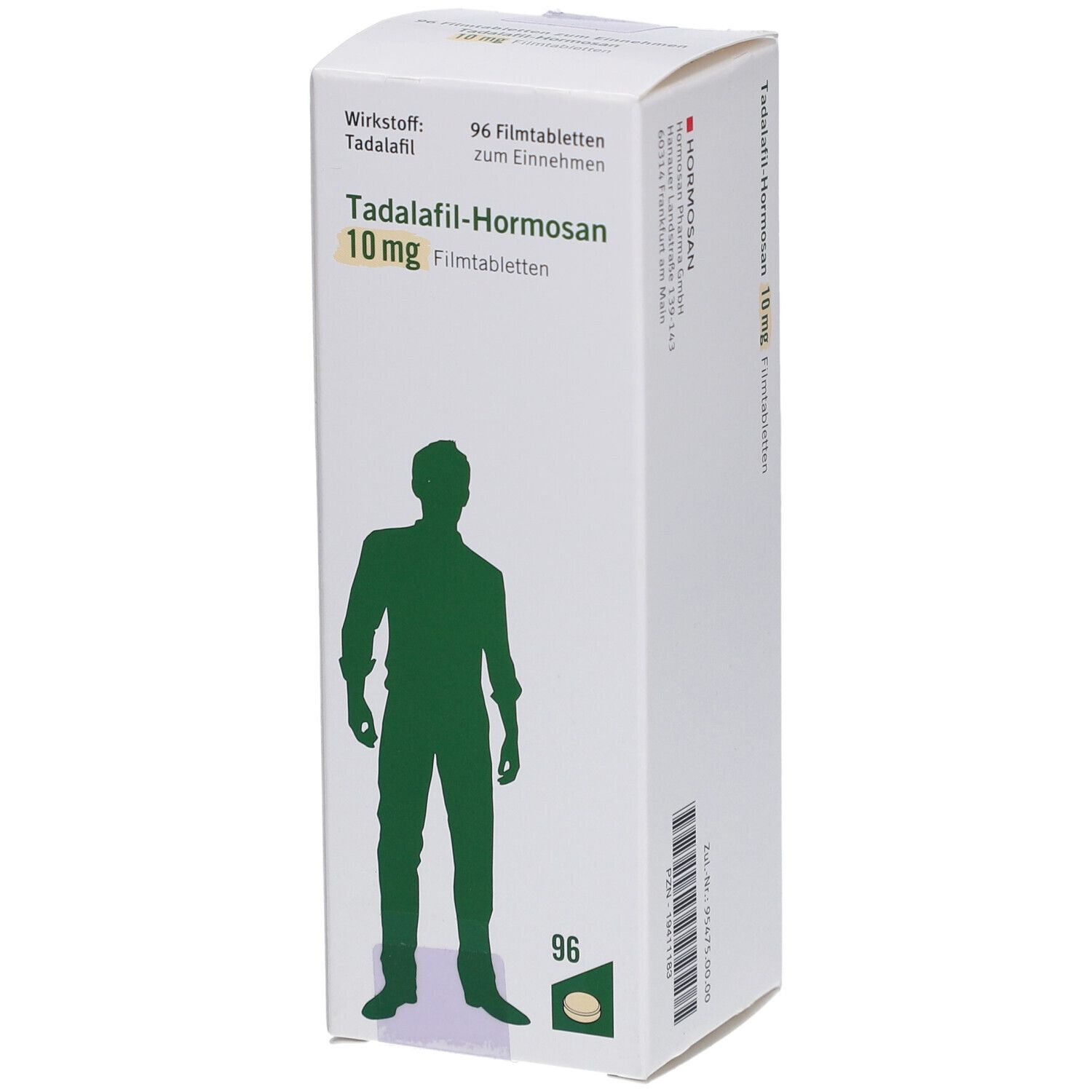Schachtel mit Tadalafil-Hormosan 10 mg Filmtabletten. Aufdruck: Wirkstoff, 96 Filmtabletten. Grünes Männchen-Silhouette.