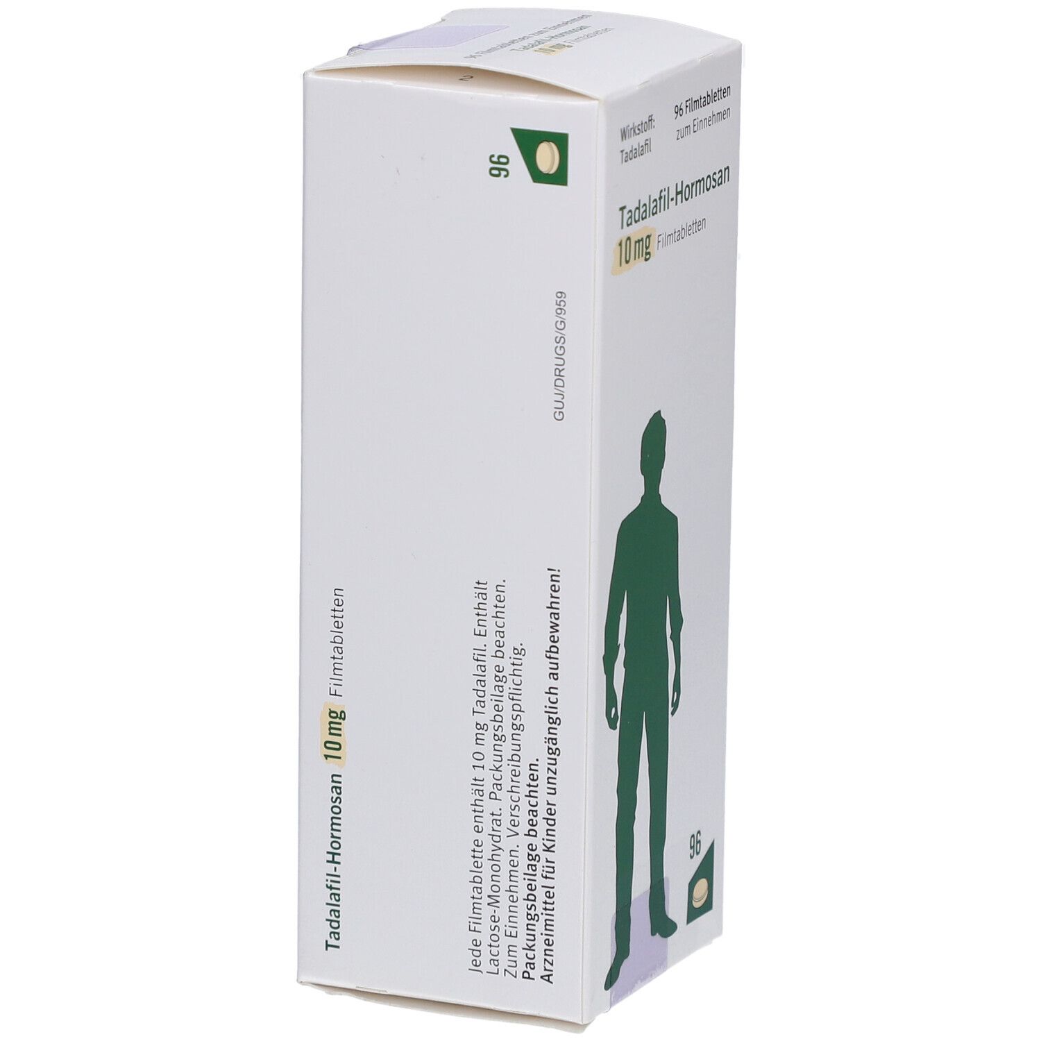 Schachtel mit Tadalafil-Hormosan 10 mg Filmtabletten. Aufdruck: 96 Filmtabletten. Grünes Männchen-Silhouette. Beipackzettel.